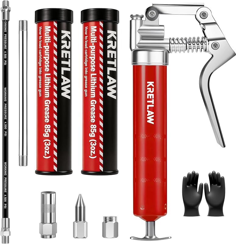 KRETLAW Mini Engraxadeira Manual 3000 PSI com 2 Cartuchos de Graxa de 85 g, Mangueira Flexível de 30,5 cm e Bico Reforçado