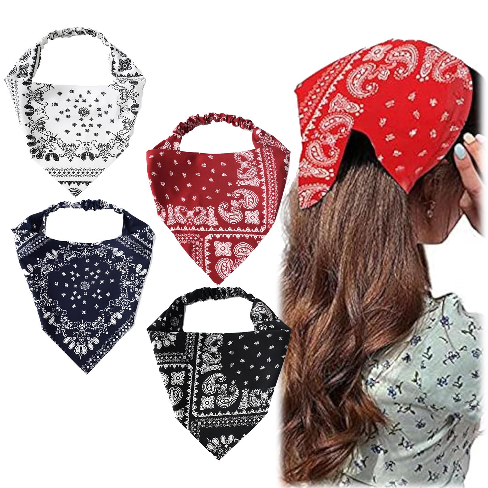 TUHOWEWZ 4PCS Elastic Hair Scarf, Vintage Bandanas Headband Boho Turban