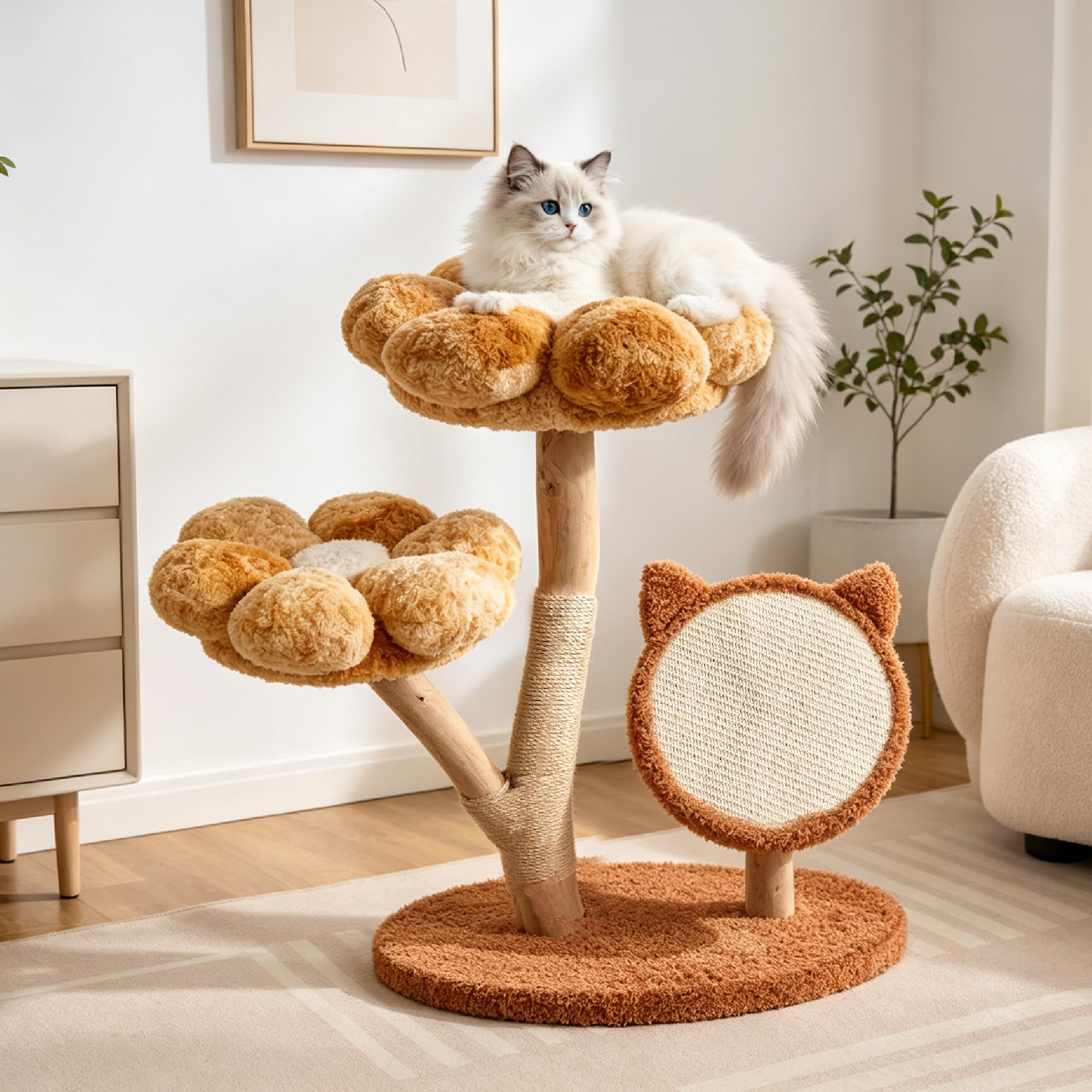 Aesthetic Flower Cat Tree Tower with Scratching Post for Indoor Cats, 30" H Modern Cat Tree with Natural Solid Wood Branch, Fluffy Cat Beds Removable & Large Scratching Board, Sunset Brown
