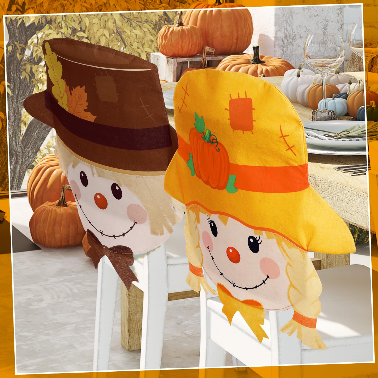 Preboun 6 Pcs Fall Scarecrow Chair Covers Thanksgiving Autumn Chair Back Covers Straw Man Dining Chair Slipcovers Seat Covers for Thanksgiving Dining Holiday Fall Party Decorations Supplies, 2 Styles