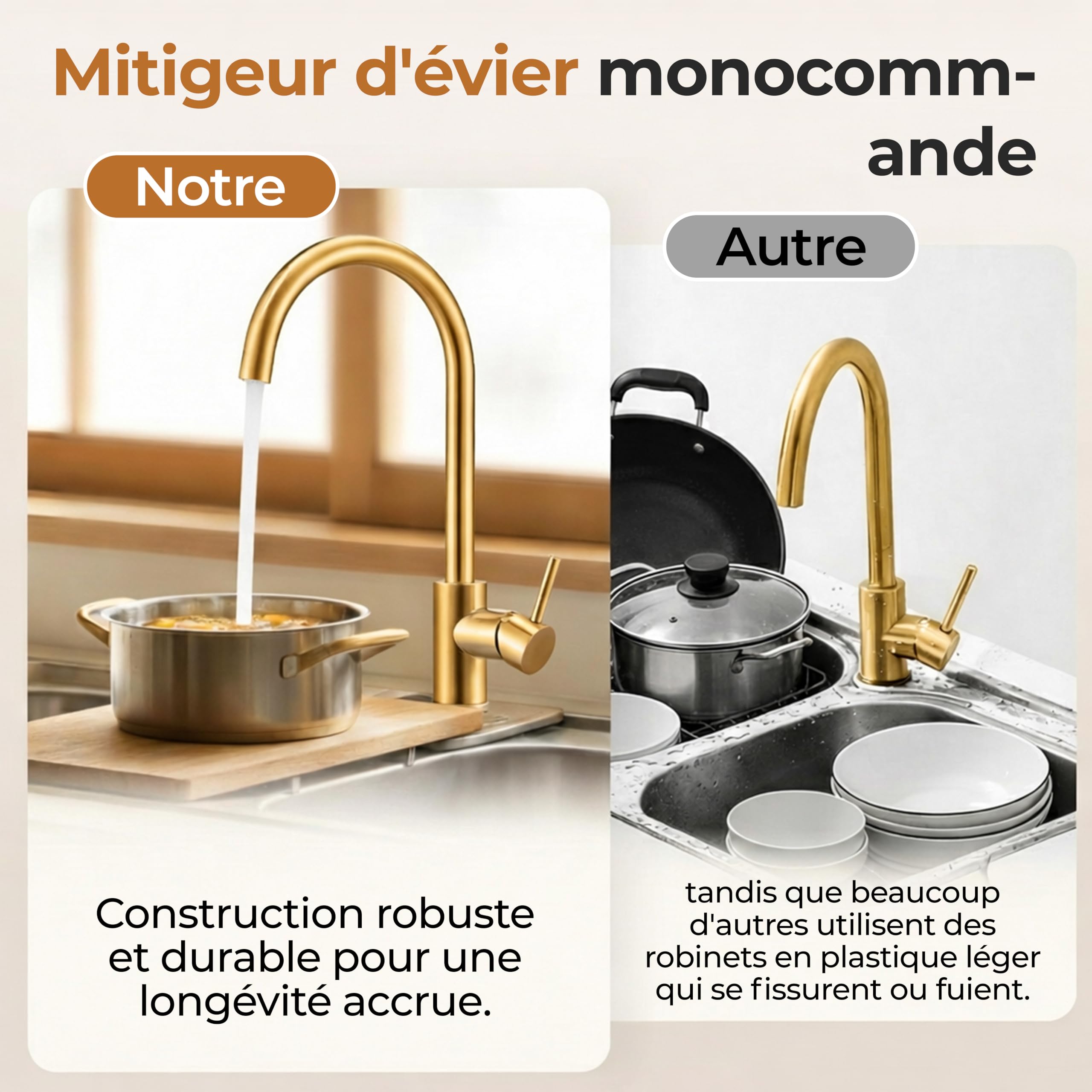 MELTA. Robinet Cuisine Pivotant 360° – Mitigeur Évier Arc Élevé en Acier Inoxydable, Robinet Cuisine avec Levier Unique, Robinet Évier Cuisine Moderne, Installation Facile (OR BROSSÉ) - 3