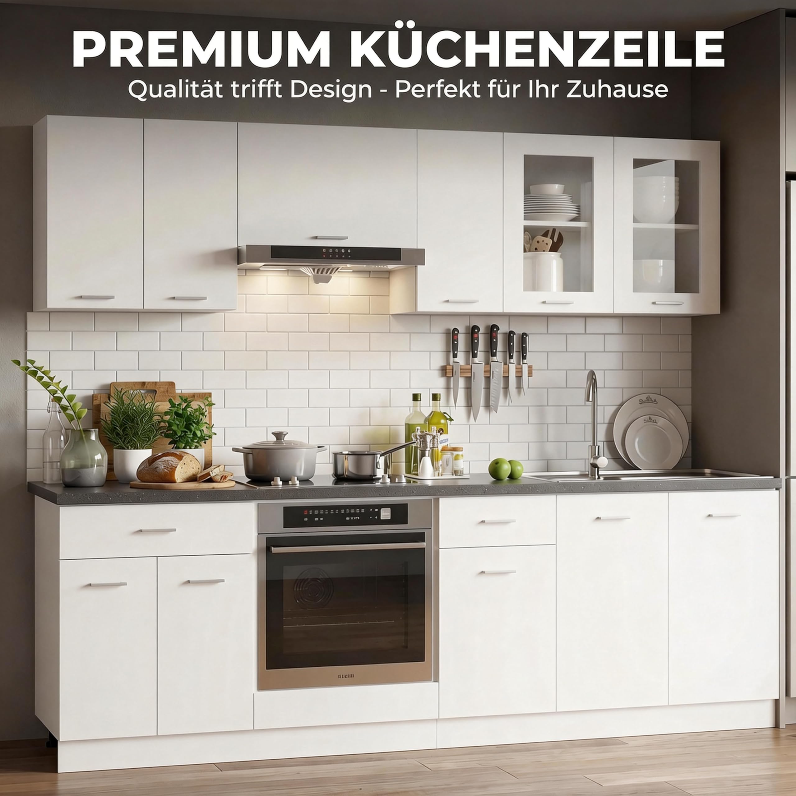 ACAGALA Blocco cucina 240 cm posizionabile variabilmente, 8 pz. Cucina componibile da incasso, Bianco Pannello truciolare, Cucina Completa, Set di Mobili, Mobile Base, Mobile da Cucina, Pensile, senza