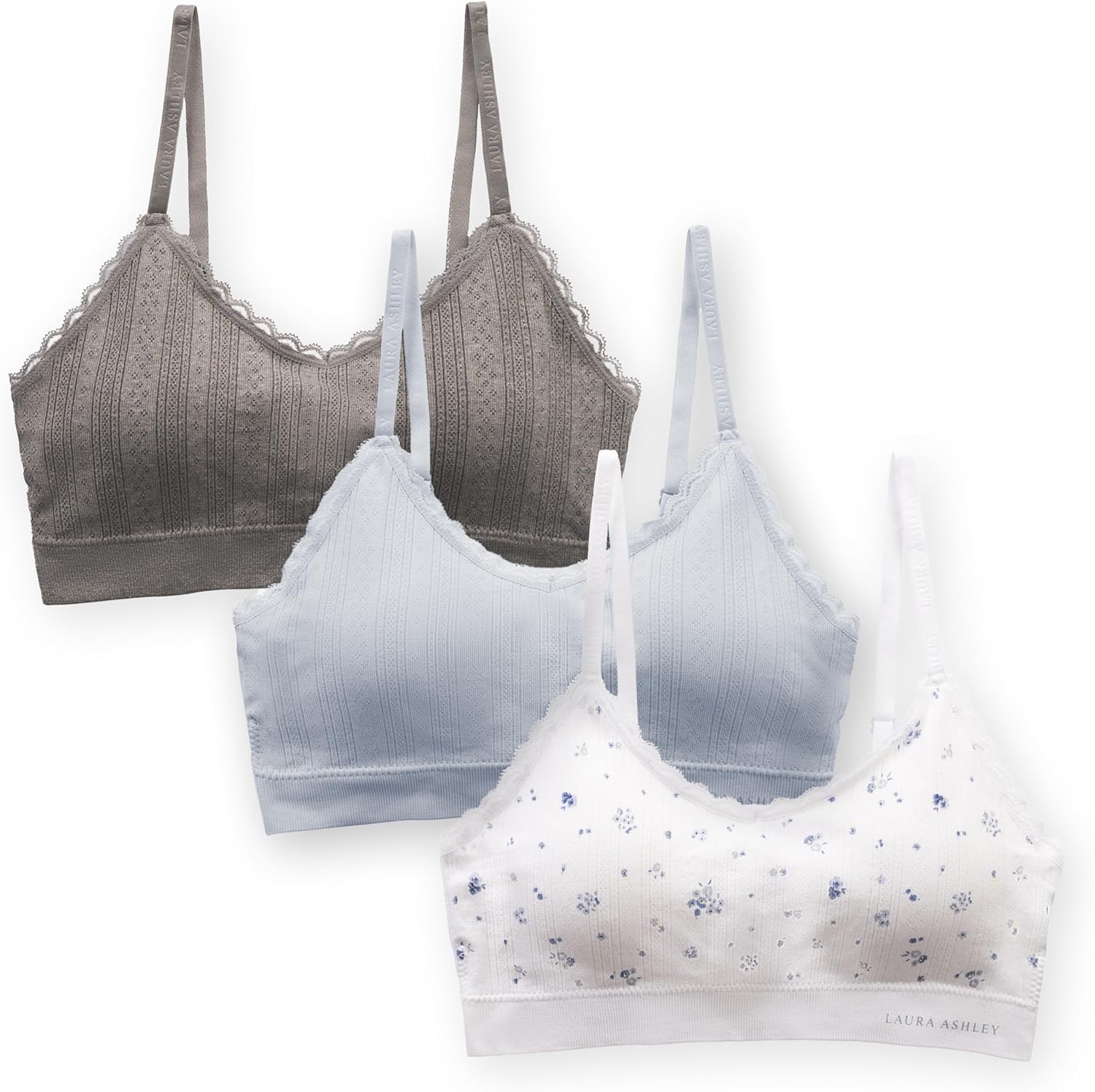 Laura Ashley Women's Pointelle and Lace Bralette Set, Seamless Wirefree Padded Bralettes, 3-Pack