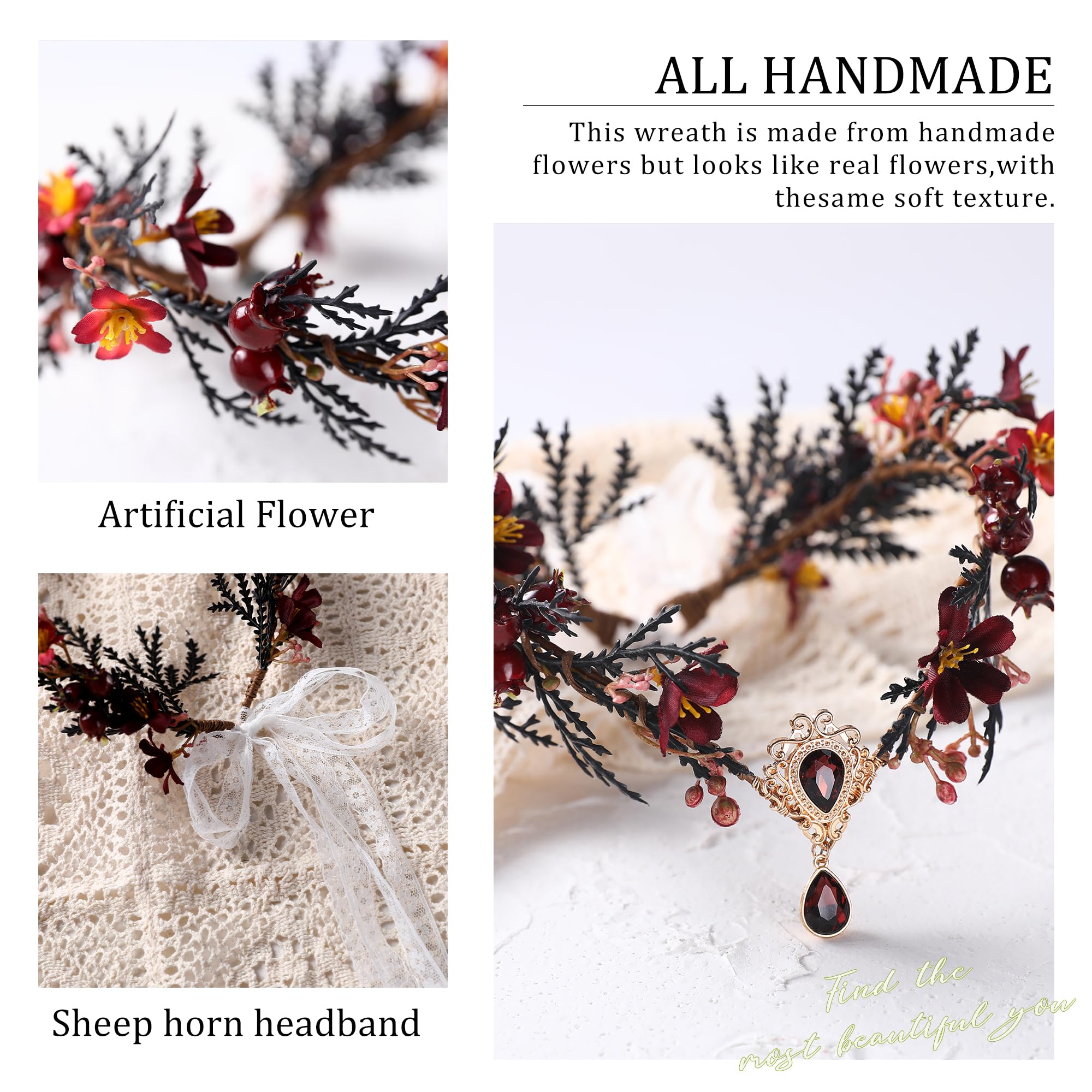 MOSTORY Dark Flower Fairy Crown - Handmade Elf Floral Headpiece For Cosplay & Renaissance