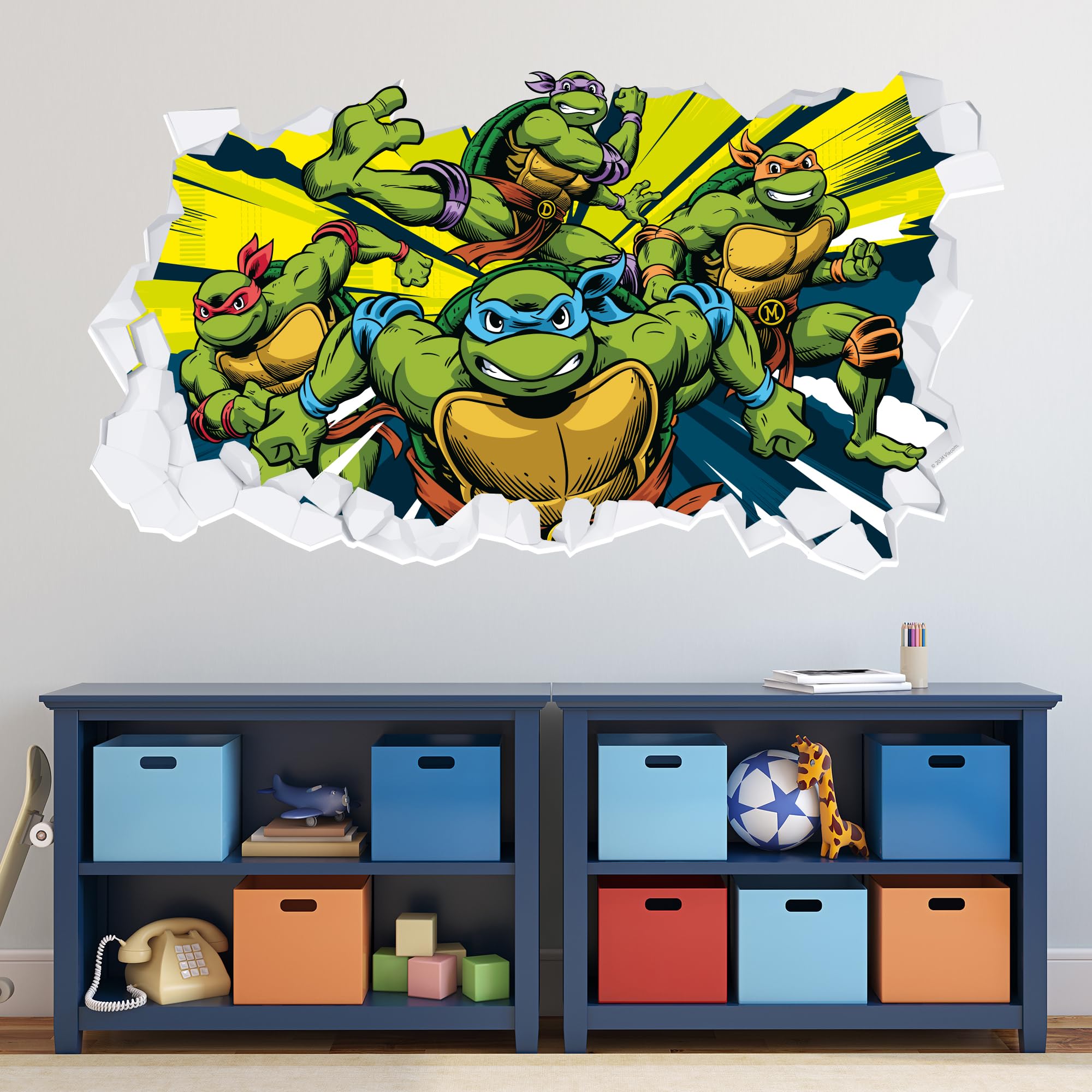 Teenage Mutant Ninja Turtles Wall Sticker - Group Bursting Through Broken Wall Decal World of TMNT Art (120cm Width x 65cm Height)