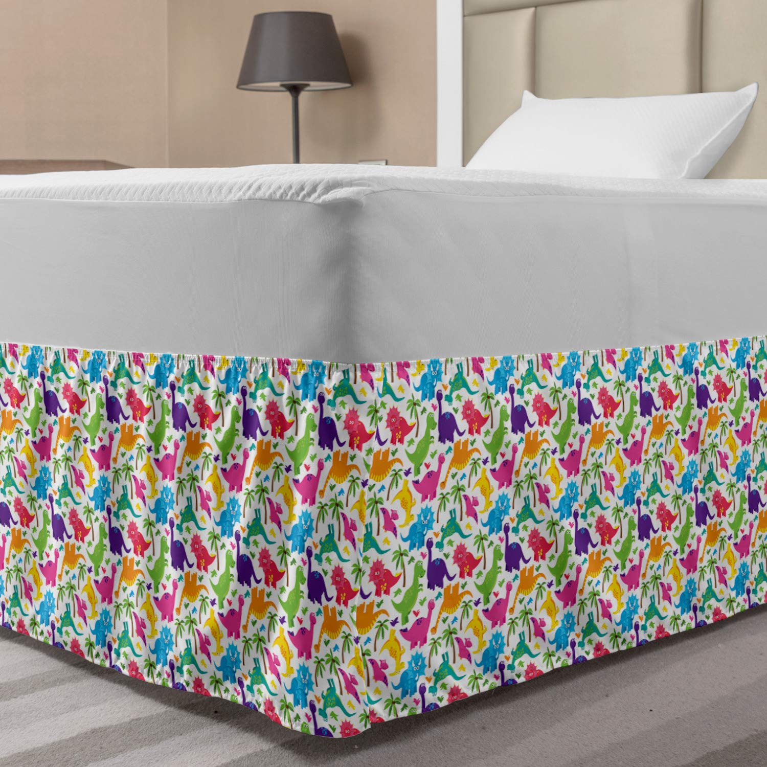 Lunarable Jurassic Elastic Bed Skirt Colorful Fauna Illustration Brontosaurus Velociraptor Archeological Animal Wrap Around Fabric Bedskirt Dust Ruffle