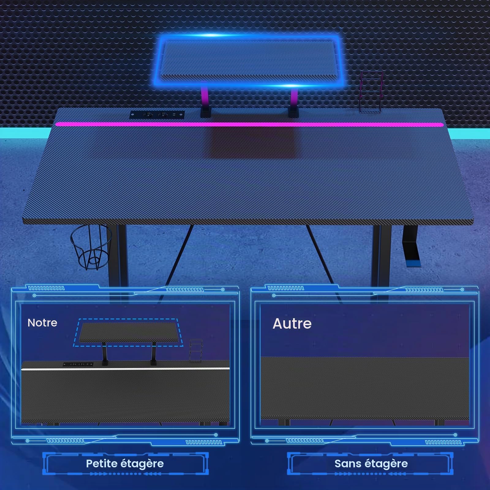 Bureau Gaming LED, Table Gaming avec Prise Electrique, 2 Prises CA, 2 Ports USB, Table Gamer Ergonomique, avec Support de Moniteur