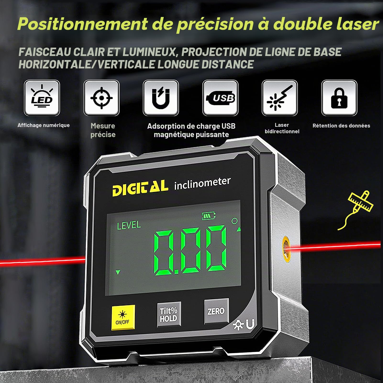 Inclinomètre Numérique Magnétique, Niveau Electronique USB Rechargeable avec Laser, 4 Faces Magnétiques Niveau Digital avec Écran LED pour Travail du Bois, Travaux, Construction, Machines