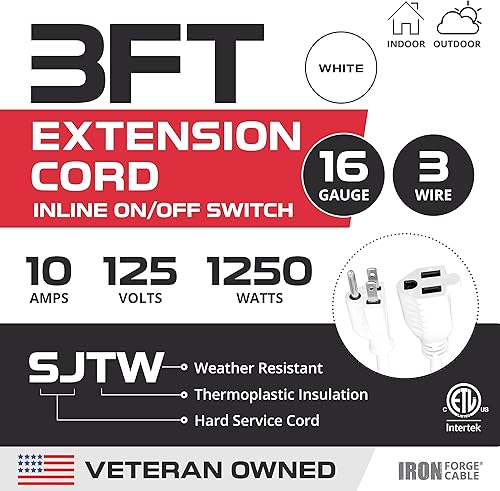 Miniatura 2 de Iron Forge Cable Cable de extensión blanco de 3 pies para exteriores con interruptor en línea impermeable de encendidoapagado, 3 pies 163 SJTW 3