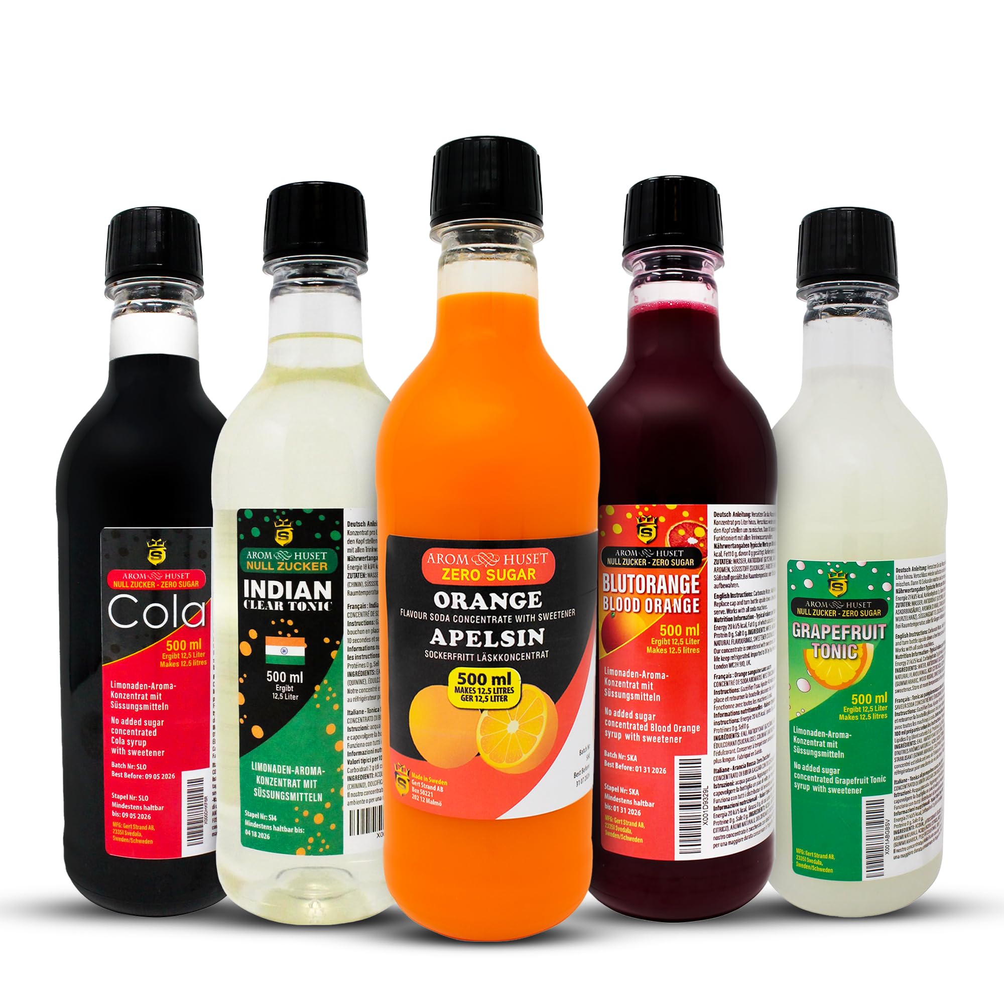 5er-Pack Aromhuset-Limonadenkonzentrat - Indian Tonic, Cola, Grapefruit-Tonic, Orangen och Blutorangen
