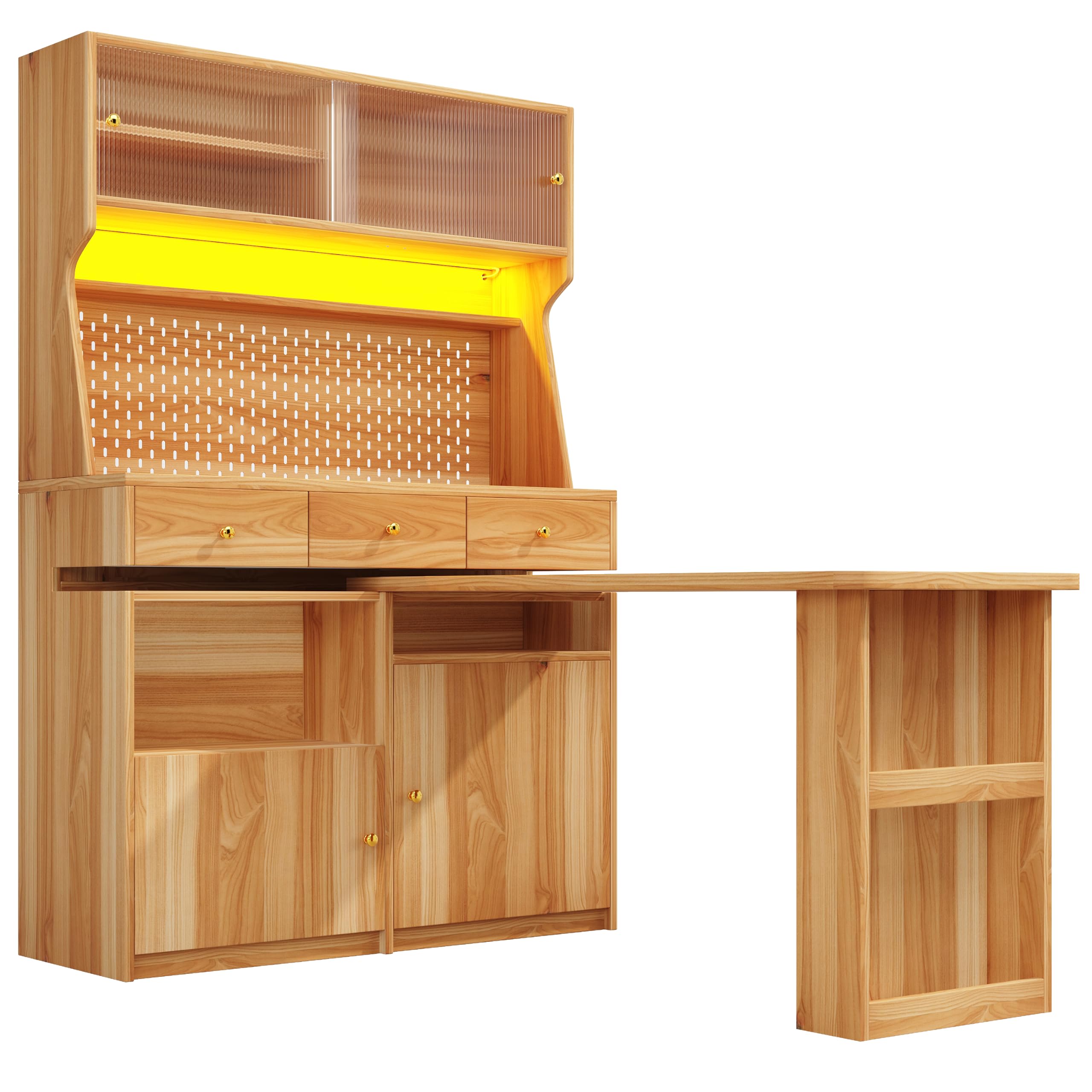 Kebnor Armadio alto con scrivania e tavolo da bar, armadio multifunzione con illuminazione a LED e controllo app, ante in vetro e ripiani regolabili, per soggiorno, sala da pranzo (marrone naturale D)