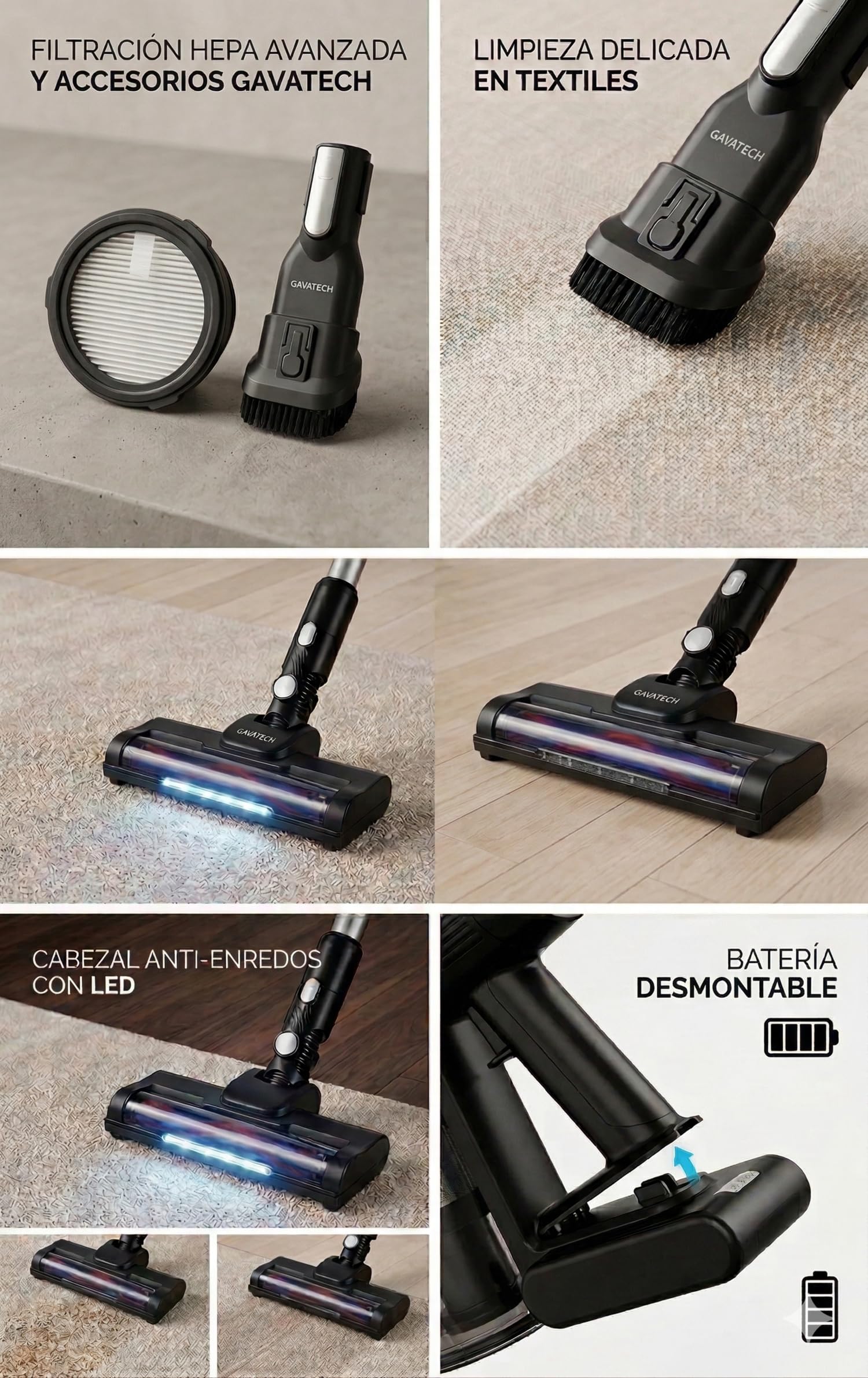 VC6 – Aspiradora de Mano Inalámbrica 250W, Cepillo Eléctrico con Iluminación LED, Motor de Alta Succión, Diseño Ergonómico y Ligero para Hogar y Coche.