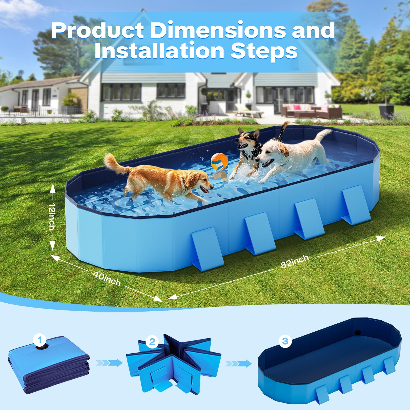 Raxurt Piscina para Perros 200 cm Plegable, Piscina Grande para Perros con Estructura Octogonal Estable, Piscina Antideslizante de PVC con Refuerzos para Jardín y Exterior