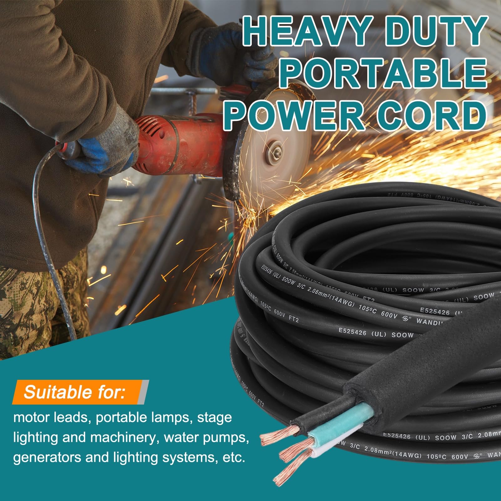 QUARKZMAN Cable Eléctrico SOOW Calibre 14 De 3 Conductores 25 Pies Cable Automotriz 14 AWG Cable De Alimentación Portátil 600V Para Generadores Luces LED Cargadores De Batería Cable