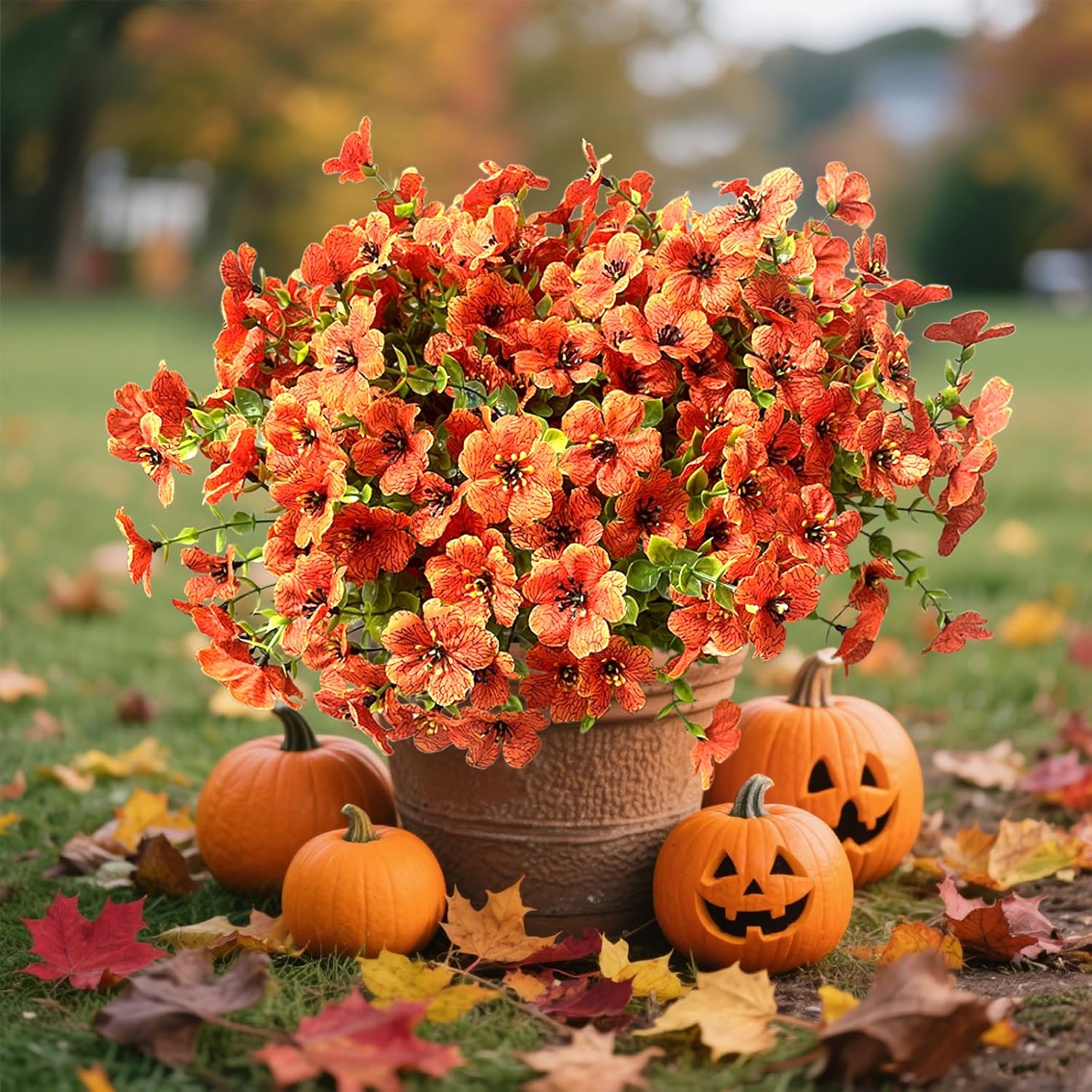 16pcs Fake Fall flowers artificial for decoration,UV Resistant Artificial Mums for Outdoors Faux mums for outdoor planters Fake Daisy Autumn for Front Porch Garden Home Patio Yard Decor(Fall Red)