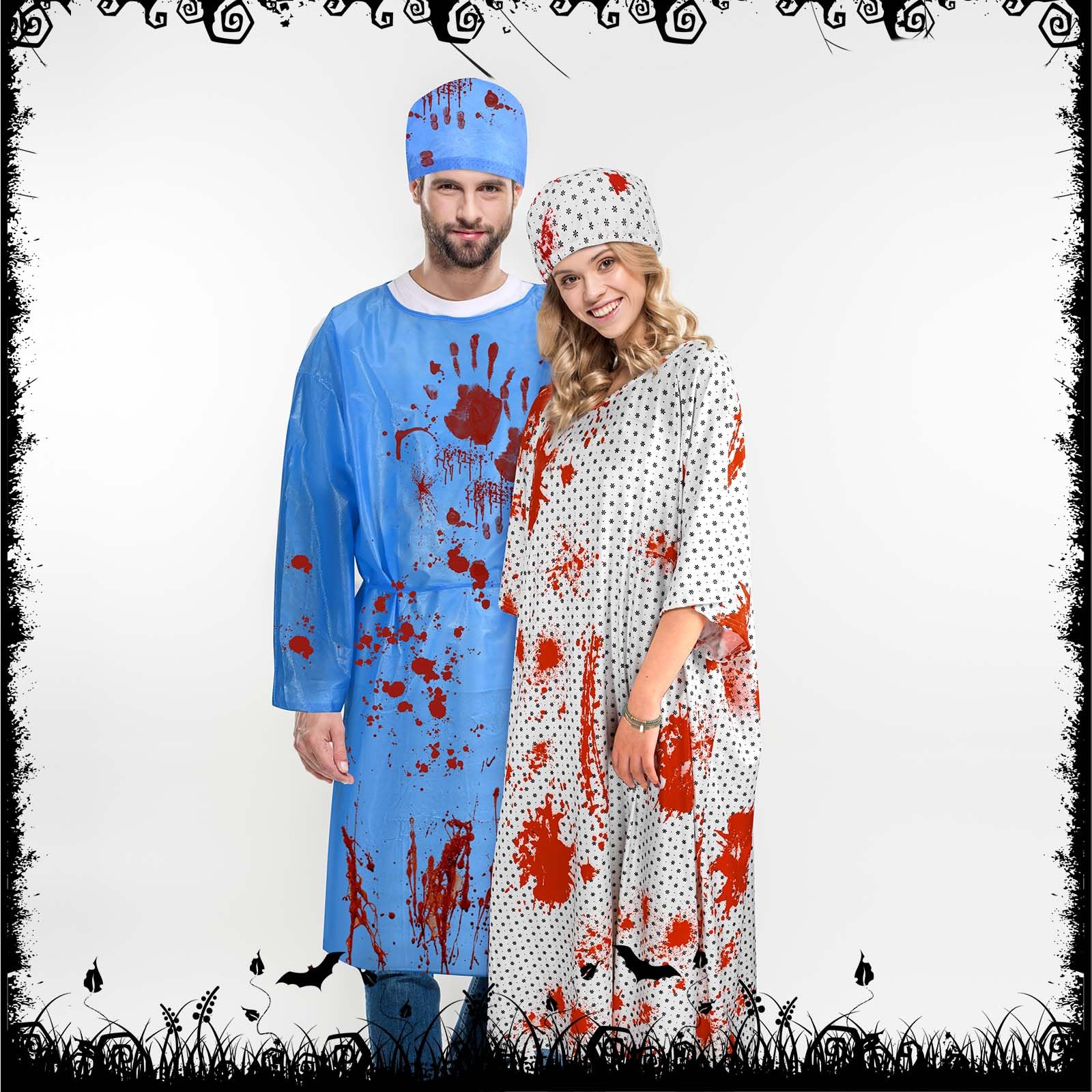 7 Pcs Halloween Couple Medical Costume Hospital Doctor Surgeon Gown Patient Gown Fake Blood Gauze for Halloween Adult Men Women Couple Cosplay Party Dress Up
