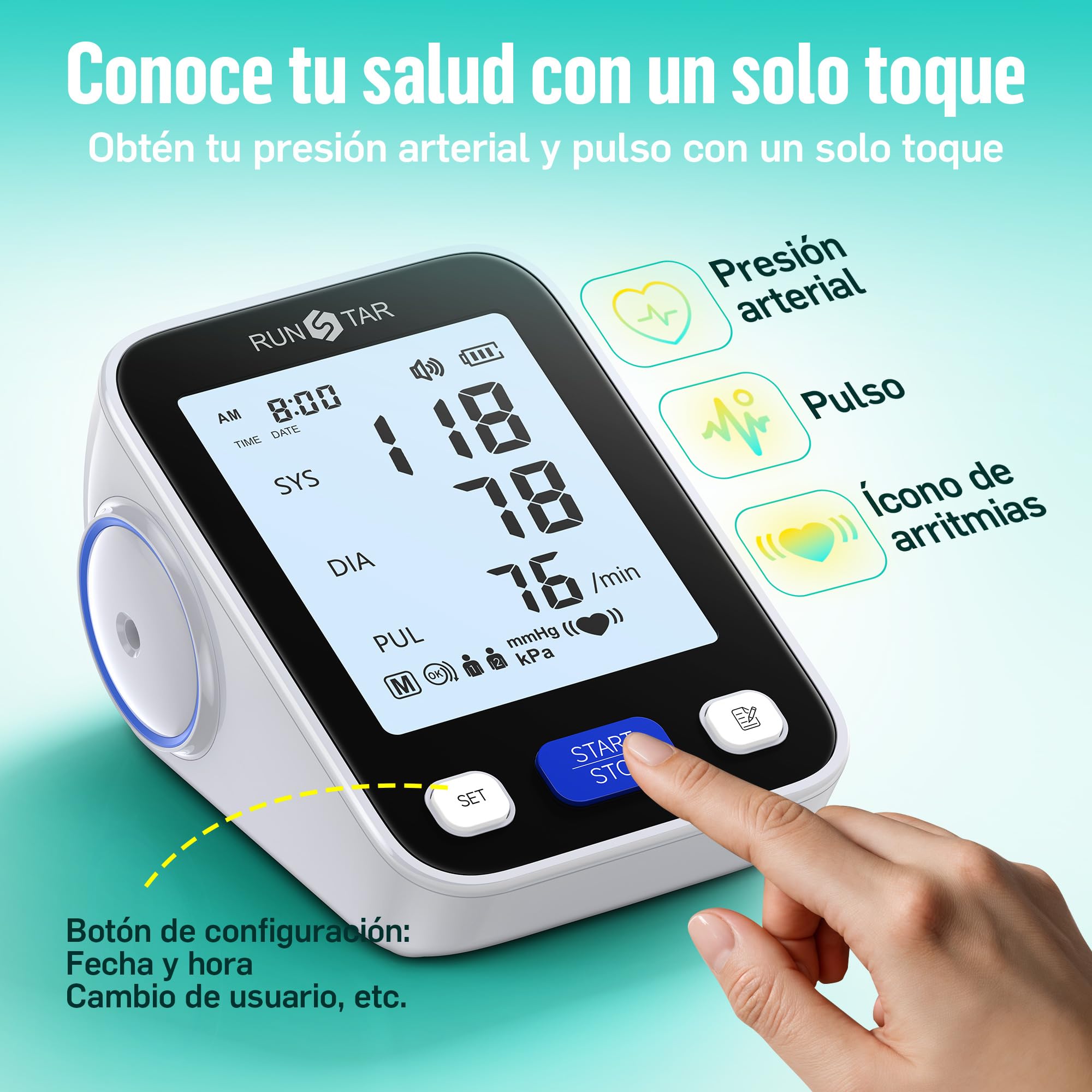 Runstar Tensiometro de brazo con brazalete de amplio rango (22cm-42cm) para uso doméstico, tensiómetro digital automático con bolsa de almacenamiento y memoria de 2x99 lecturas,negro