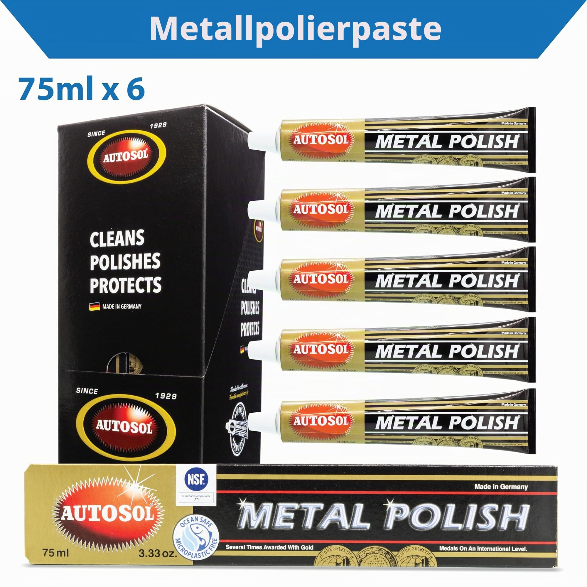 Autosol Metallpolitur 6er-Pack je 75ml | Hochglanz Chrom-Finish | Premium-Politur für Chrom, Aluminium, Edelstahl | Entfernt Rost und Anlaufen | Ideal für Autos, Motorräder, Haushalt