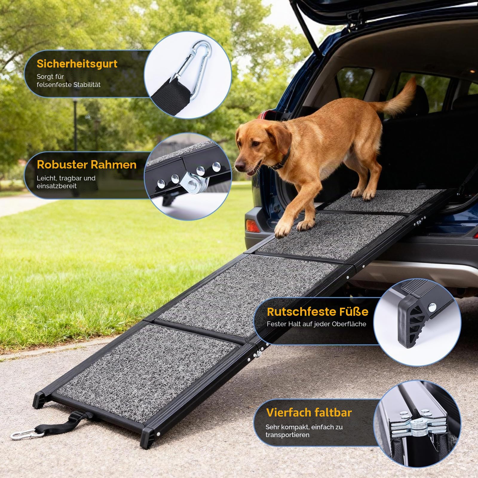 【170cm Faltbare Hunderampe für Autos】Rutschfeste Haustiertreppe für mittelgroße und große Hunde bis zu 7 kg, leichte tragbare Haustiertreppe für Auto, SUV, LKW, Bett, Sofa, Innen- und Außenbereich