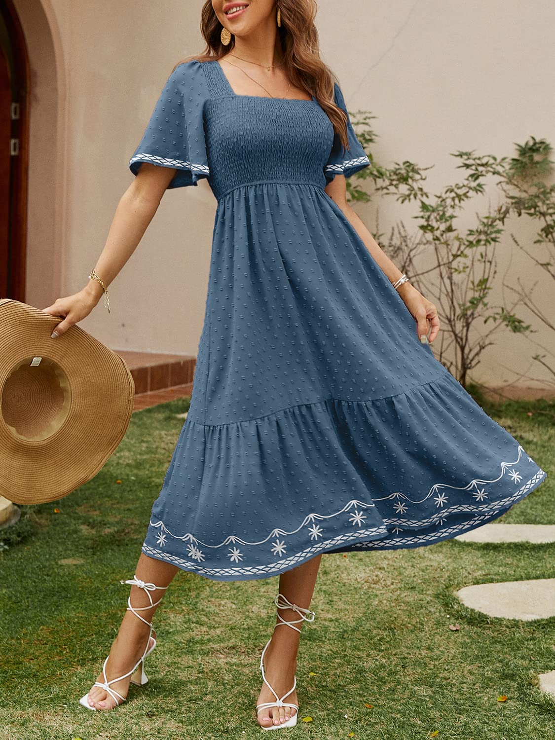 Glamaker Vestido Largo de Verano de Manga Corta con Cuello Cuadrado Fruncido para Mujer, 01-Azul Oscuro, Large
