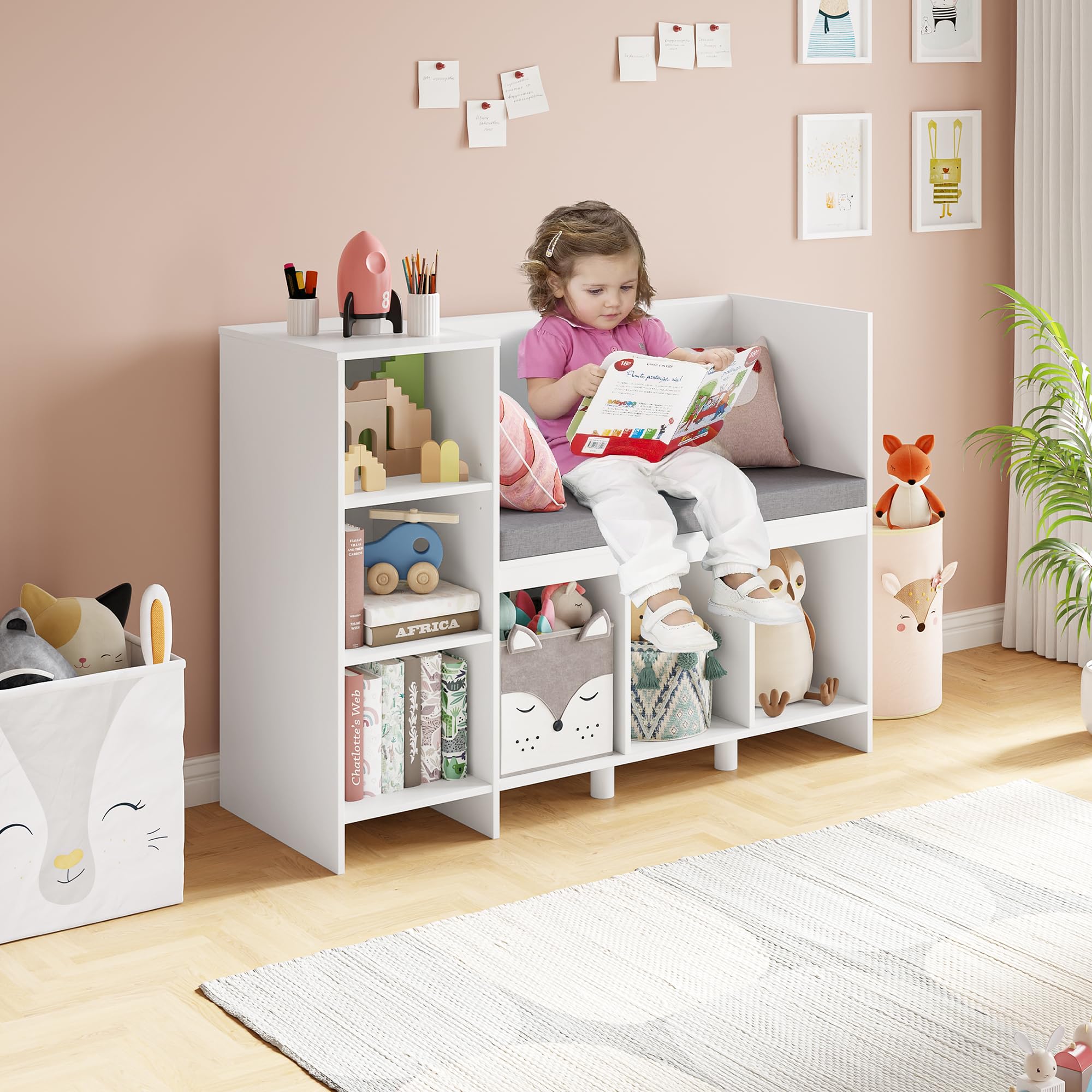 HOCSOK Bibliothèque Banc, Etagère pour Enfants avec 6 Compartiments de Rangement, Bibliothèque Enfant, Blanc, 80.5×40×110 cm