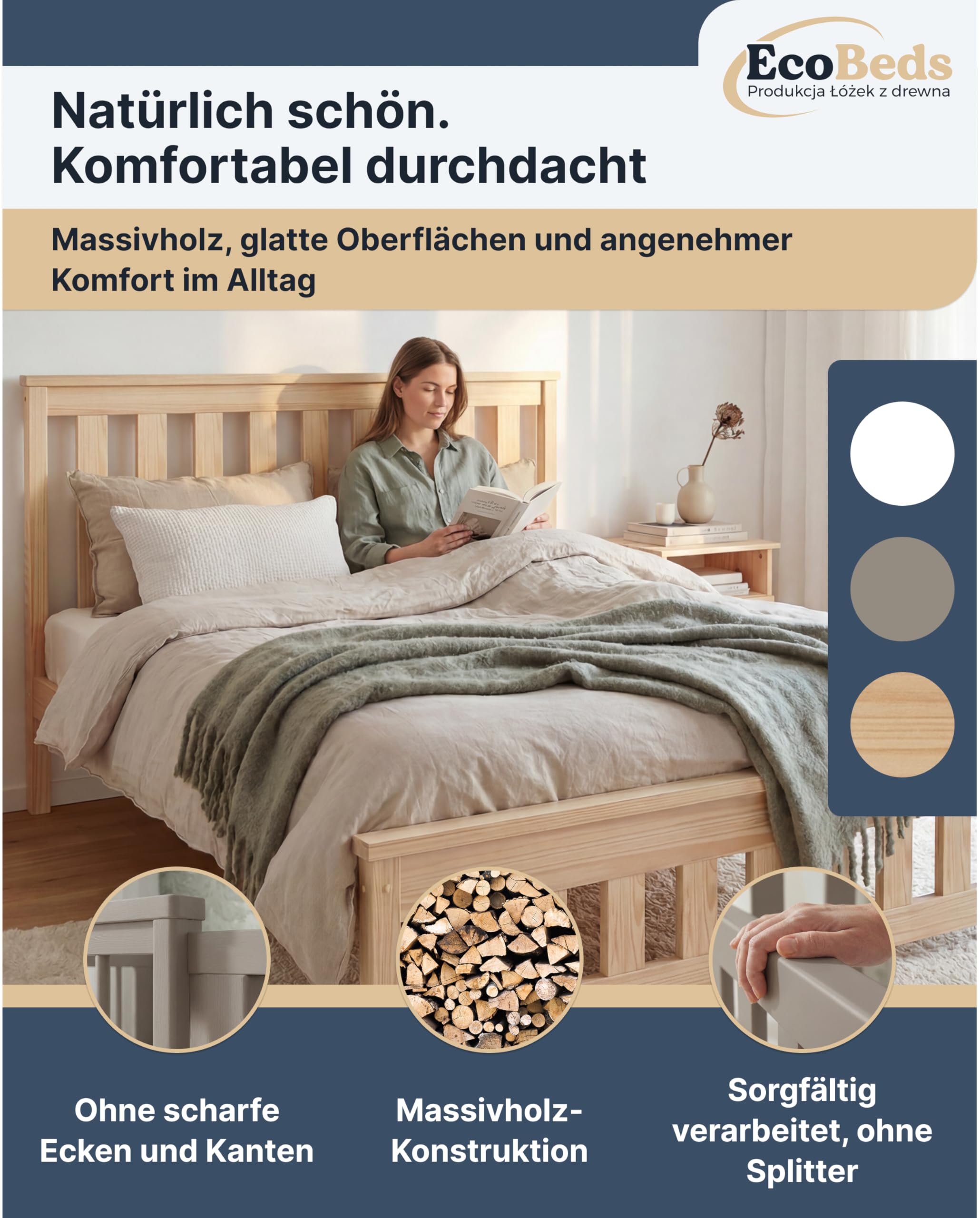 EcoBeds ADA Holzbett 140x200 cm Kiefer Massivholz bis 200 kg | Grau - Doppelbett, Bettgestell mit Lattenrost und Stauraum, für Erwachsene, robust, einfache Montage