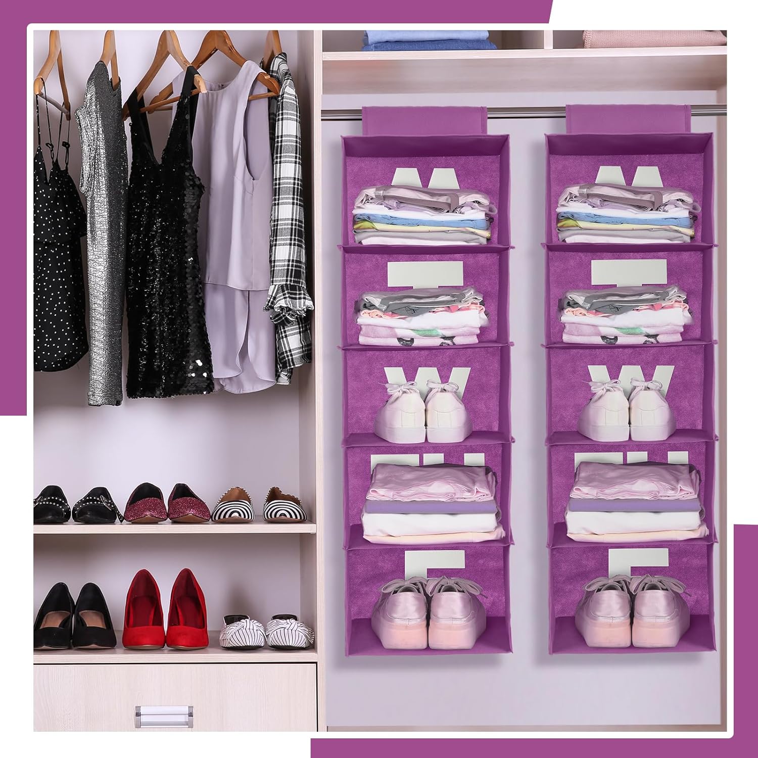 Hahafelt 2 Pcs 5 Shelf Weekly Clothes Organizer for Kids Hanging Closet Organizer Weekday Daily Activity Clothes Storage Days of the Week Outfit Storage for Monday Through Friday(Purple)