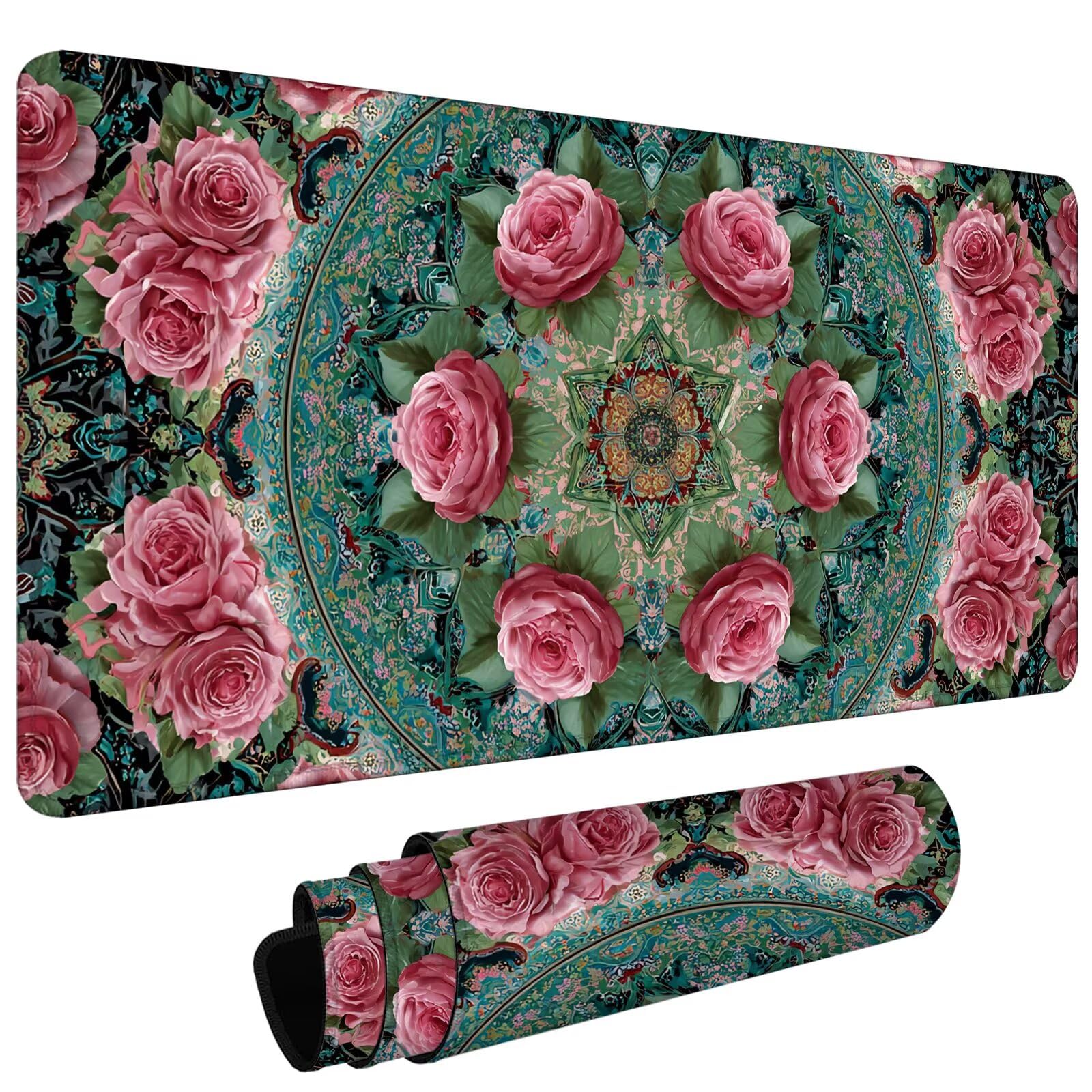 Gamingowa podkładka pod mysz XXL – duża podkładka pod mysz, 1400 x 600 x 3 mm, róża, mandala, podkładka na stół, duży rozmiar, poprawia precyzję i prędkość, antypoślizgowa podkładka, wodoodporna