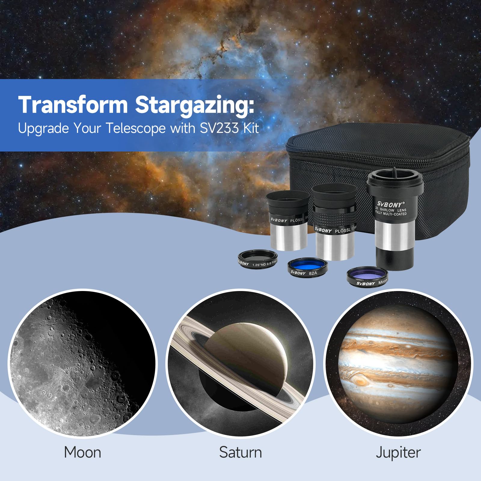 Svbony SV233 Ocular Telescopio Astronómico Kit, Ocular PLOSSL de 6mm, 17mm, 2X Lente Barlow, Filtro Lunar, Filtro ND4, Filtro de Color 82A, con Bolsa Portátil, Accesorio de Siete Piezas
