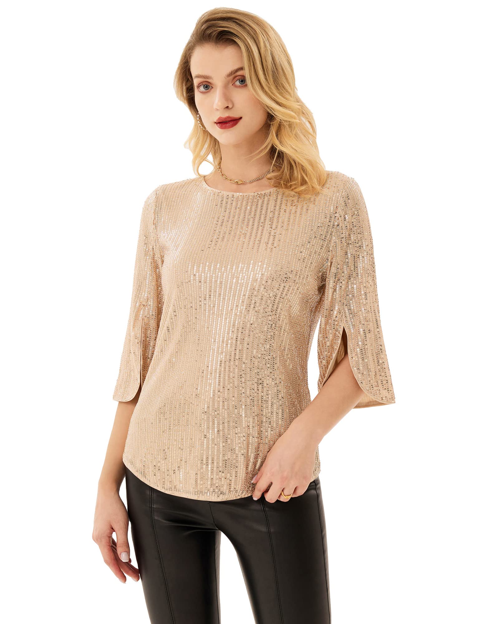 GRACE KARIN Camiseta de Manga Corta para Mujer Top de Gasa Casual de Verano Manga Corta Cuello Redondo 3/4 Manga Dividida