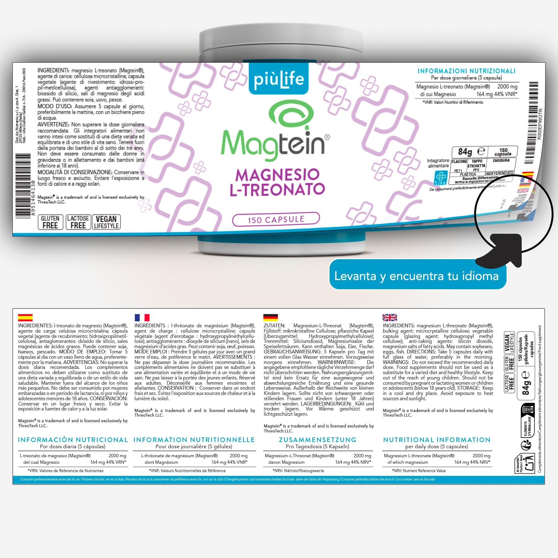 L-Treonato de Magnesio Magtein 2000 mg por Dosis PiùLife, 150 Cápsulas