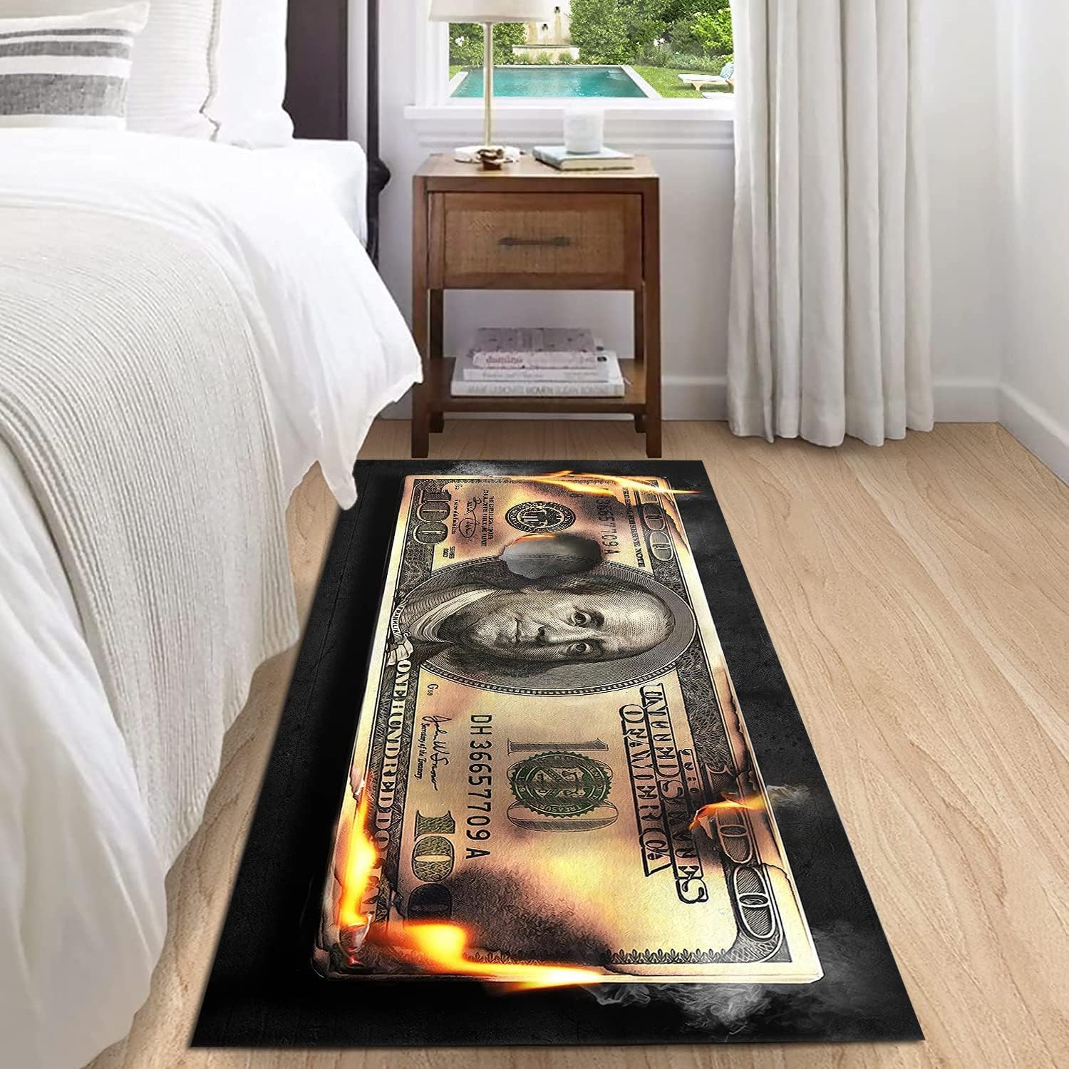 100 Dollar Bill Area Rug for Bedroom, Gold Burning Money Rug, Non Slip Runner Rug for Hallway, Modern Washable Rugs for Kitchen and Bathroom, Cool Laundry Room Living Room Carpet Mats 20”x49”