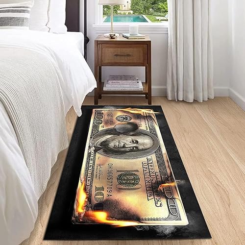 Miniatura 5 de DVKKHD Alfombra de billetes de 100 dólares para dormitorio, alfombra de dinero quemado dorado, alfombra antideslizante para pasillo, alfombras