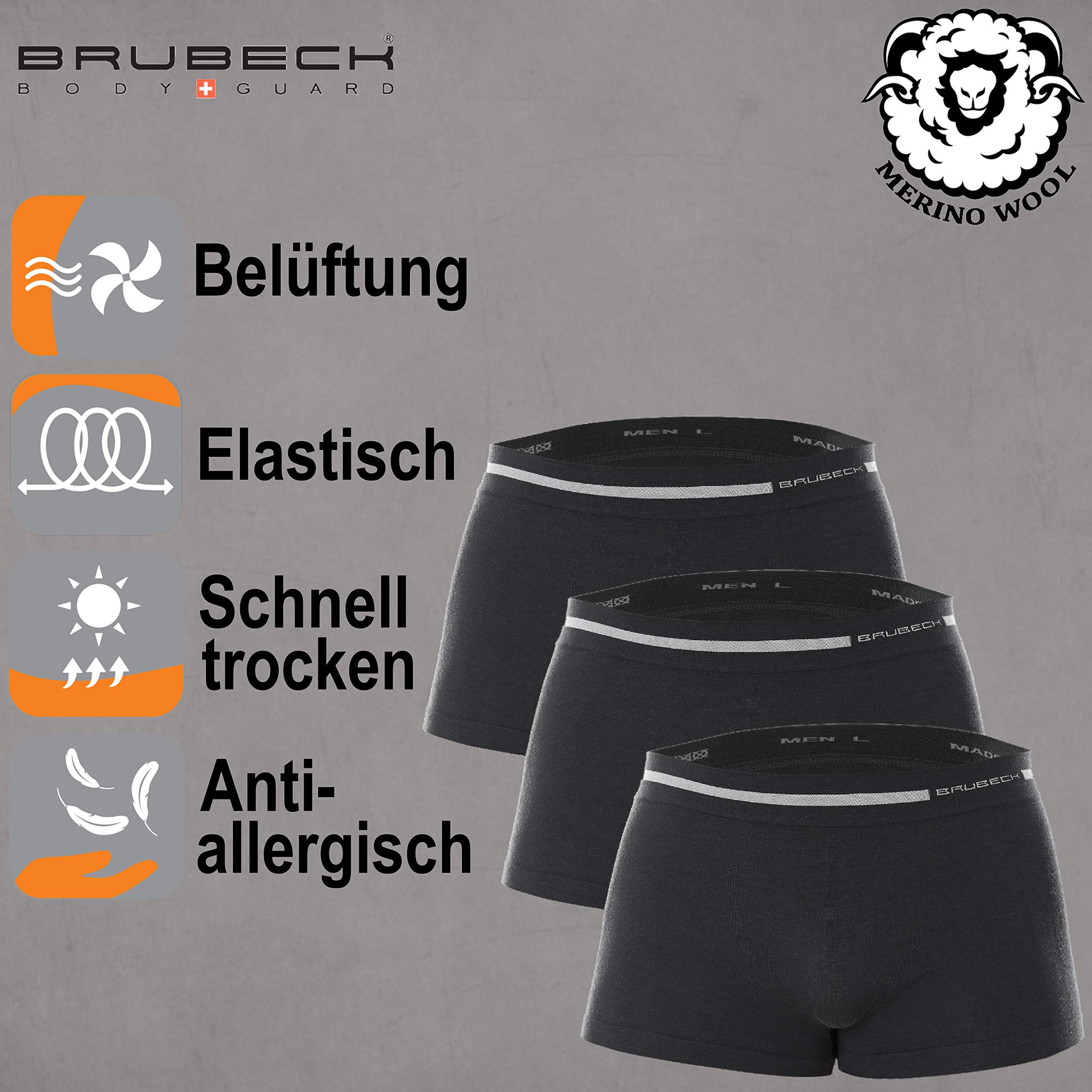 BRUBECK 3er Pack Herren Boxershorts | Atmungsaktiv | Sport | Unterhose | Funktionsunterwäsche | Briefs | Retro | 41% Merino-Wolle | BX10430