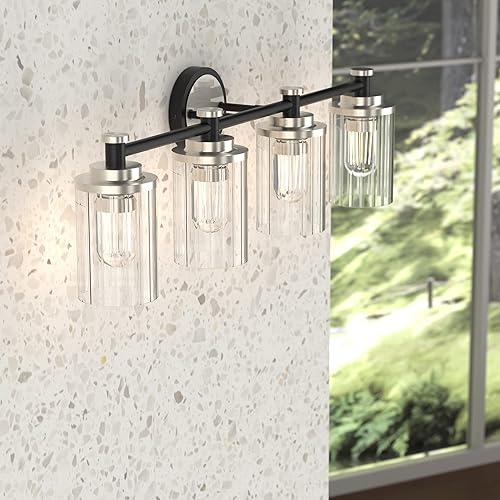 Miniatura 4 de Accesorios de iluminación de baño, lámpara de tocador de baño negra y níquel cepillado con rayas cilíndricas transparentes, pantalla de vidrio con