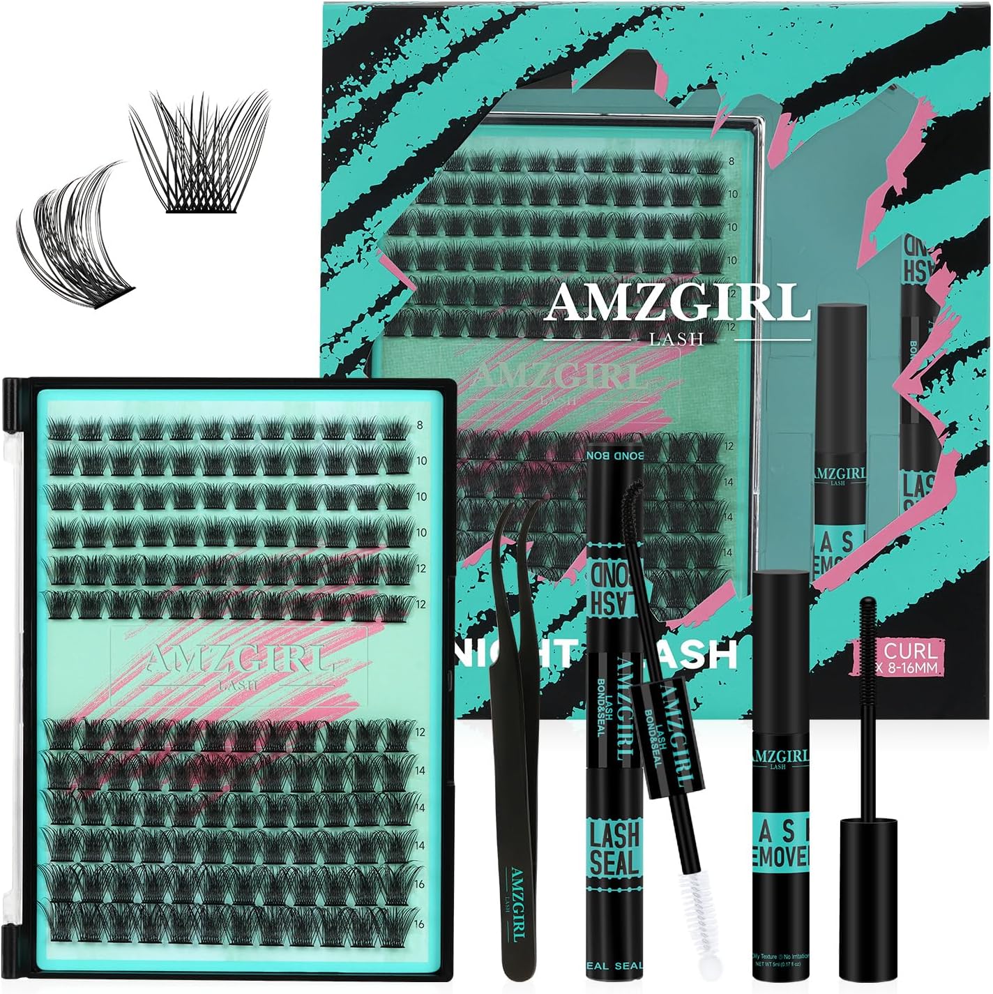 AMZGIRL LASH Midnight DIY Lash Extension Kit, 144 pcs Eyelash Clusters Kit Lash Bond and Seal, Lash Glue Remover and Applicator for Individual False Eyelashes Kit Lash Extensions(D-Mix 8-16mm Kit)