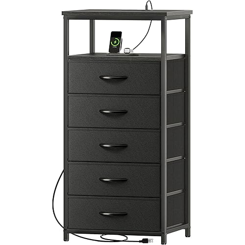Huuger 5 Drawers Dresser with Charging Station, Dresser for Bedroom, Tall Night Stand, Chest of Drawers with Open Shelf, Bedside Table Nightstand, Fabric Storage Drawers, for Entryway, Black