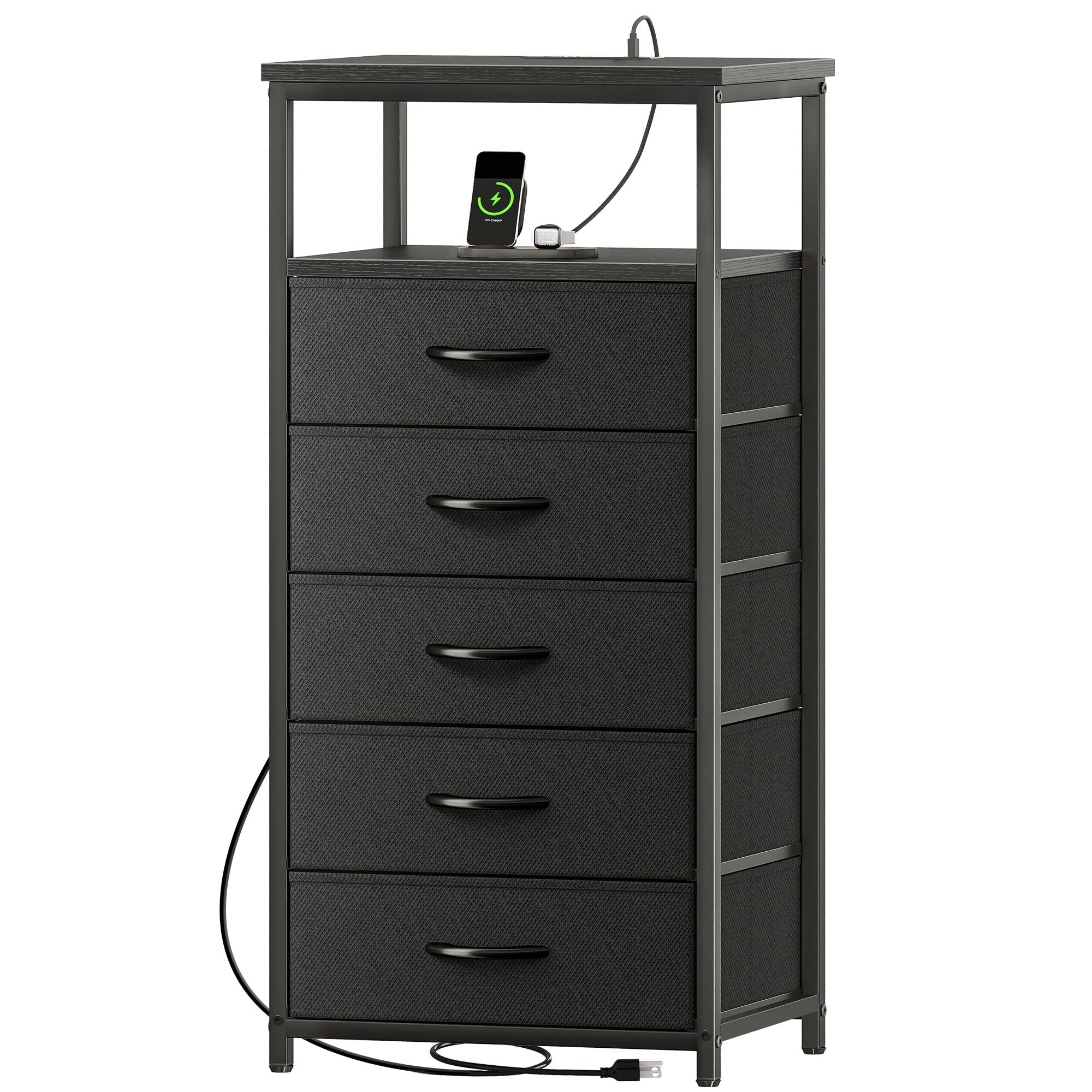 Huuger 5 Drawers Dresser with Charging Station, Dresser for Bedroom, Tall Night Stand, Chest of Drawers with Open Shelf, Bedside Table Nightstand,