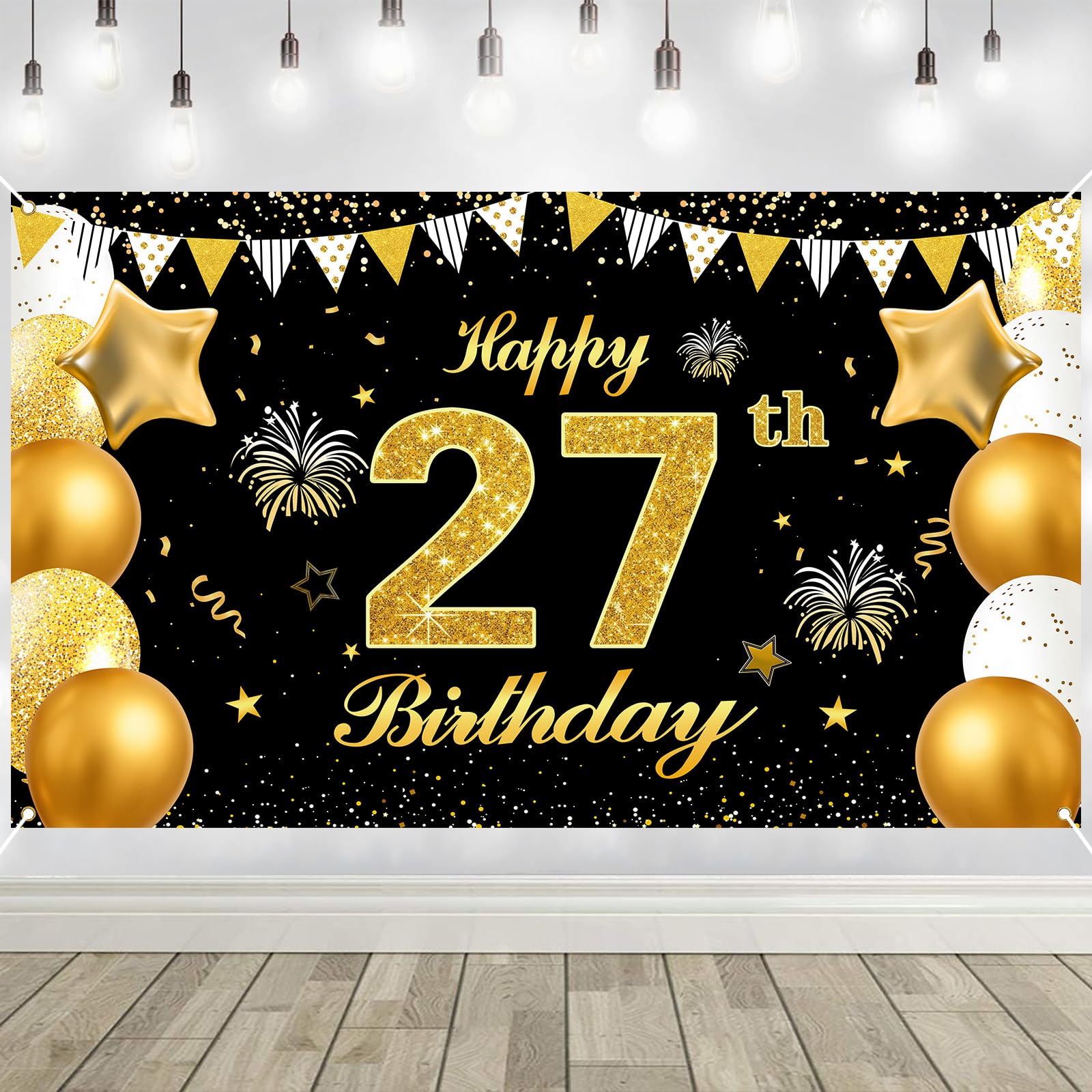 27th Birthday Decorations Banner Gold Black Happy Birthday Door Banner for Party Photo Backdrop for Men Women Home Outdoor Cover Party Decoration Supplies Poster — image 1