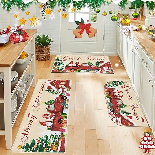 Miniatura 1 de U'Artlines Juego de 3 tapetes y tapetes de cocina de Navidad, antideslizantes, diseño de árbol de Navidad, camión, gnomo, tapetes de cocina para