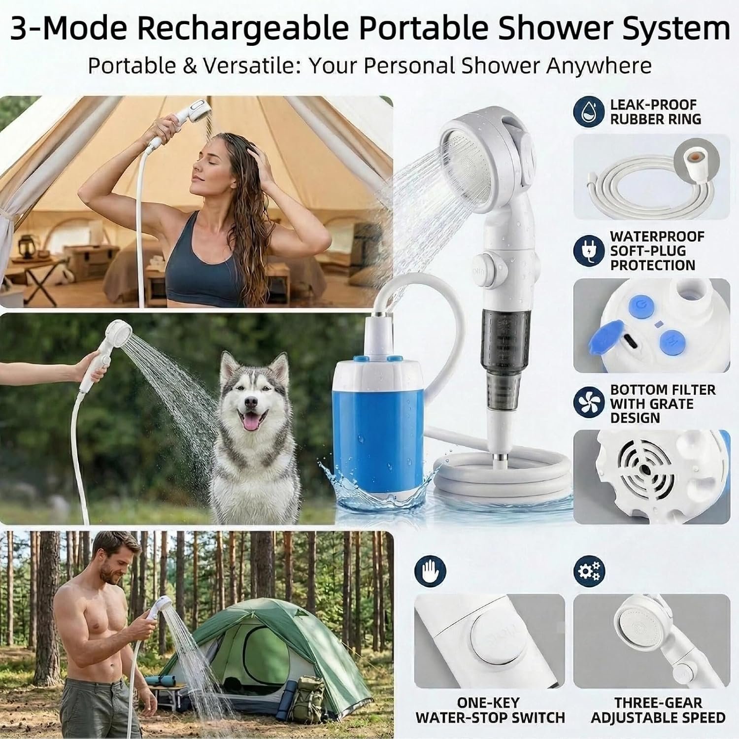 Portable Shower for Camping, Rechargeable Camping Shower Pump with 3 Spray Modes, Outdoor Shower Kit with Suction Mount & Mesh Bag for Travel, Pet Bath, RV Car Wash, Backyard Watering