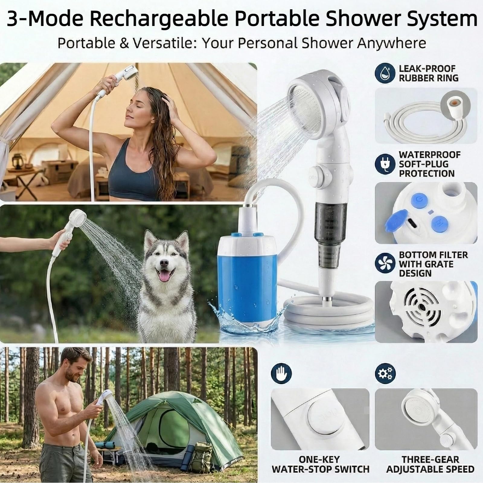 Doccia portatile per campeggio, pompa doccia ricaricabile da campeggio con 3 modalità di spruzzo, kit doccia all'aperto con supporto a ventosa e borsa a rete per viaggi, bagno per animali