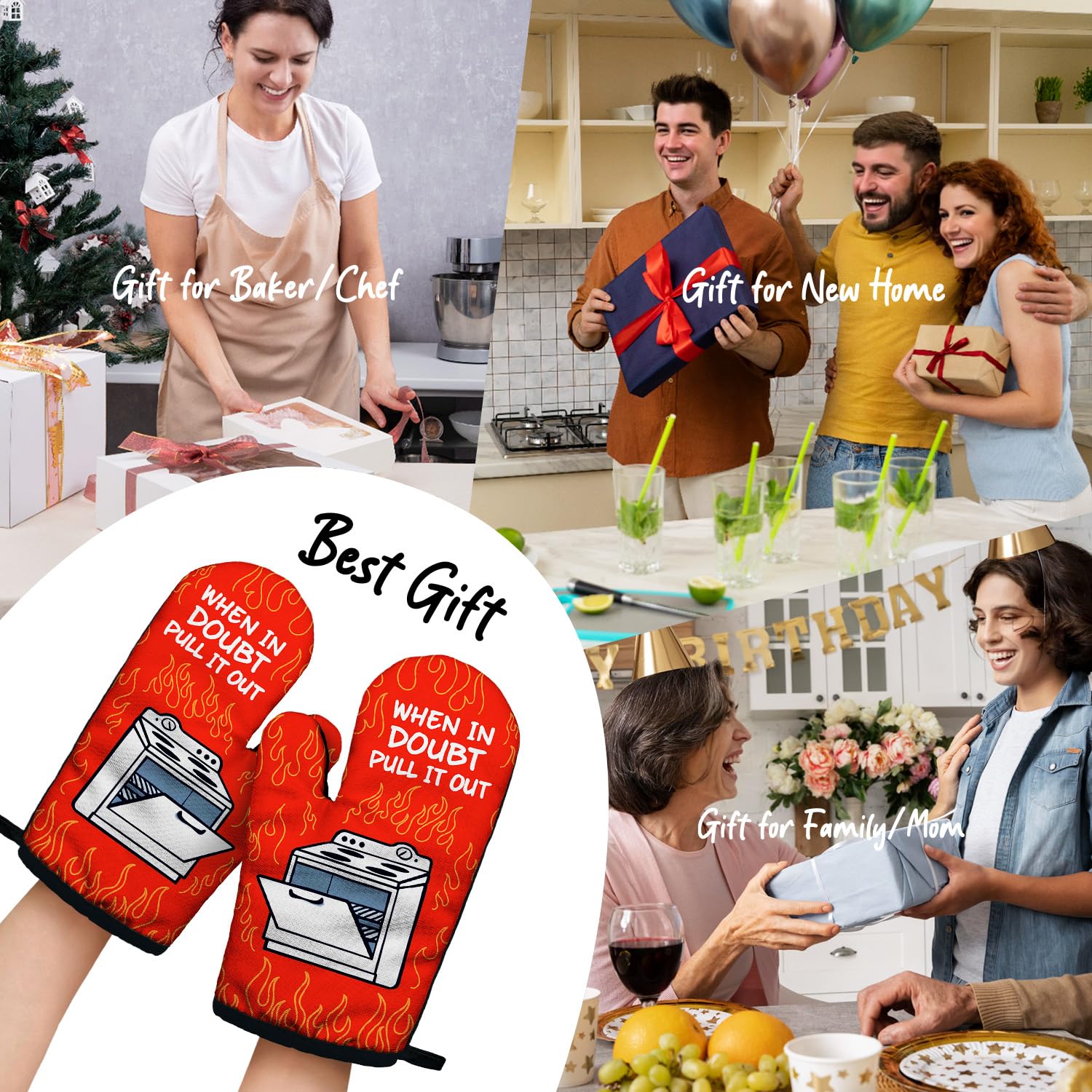 'When in Doubt Pull It Out' zabawne rękawice kuchenne z pętelką do zawieszania i silikonowym antypoślizgowym, dla kobiet i mężczyzn przybory kuchenne do pieczenia 2-częściowy zestaw, prezenty dla