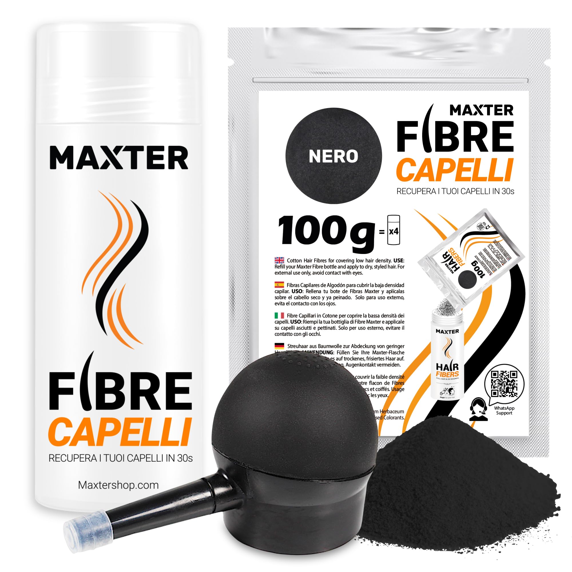 Maxter Fibre Capelli NERO + Spray Applicatore + Borsa di Ricarica 100g - Polvere Volumizzante Capelli per Nascondere la Caduta dei Capelli e la Calvizie - Fibre Cotone per Capelli