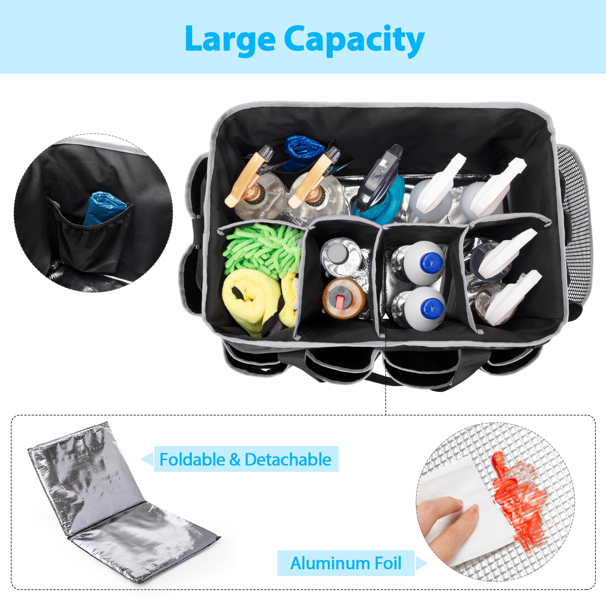 HODRANT Extra-Large Wearable Cleaning Caddy, Organizer Bag for Products, Housekeeper Tote With Pad, Handle & Divider, Car Wash Tools Bag for Detailing Supplies, Gray Edge