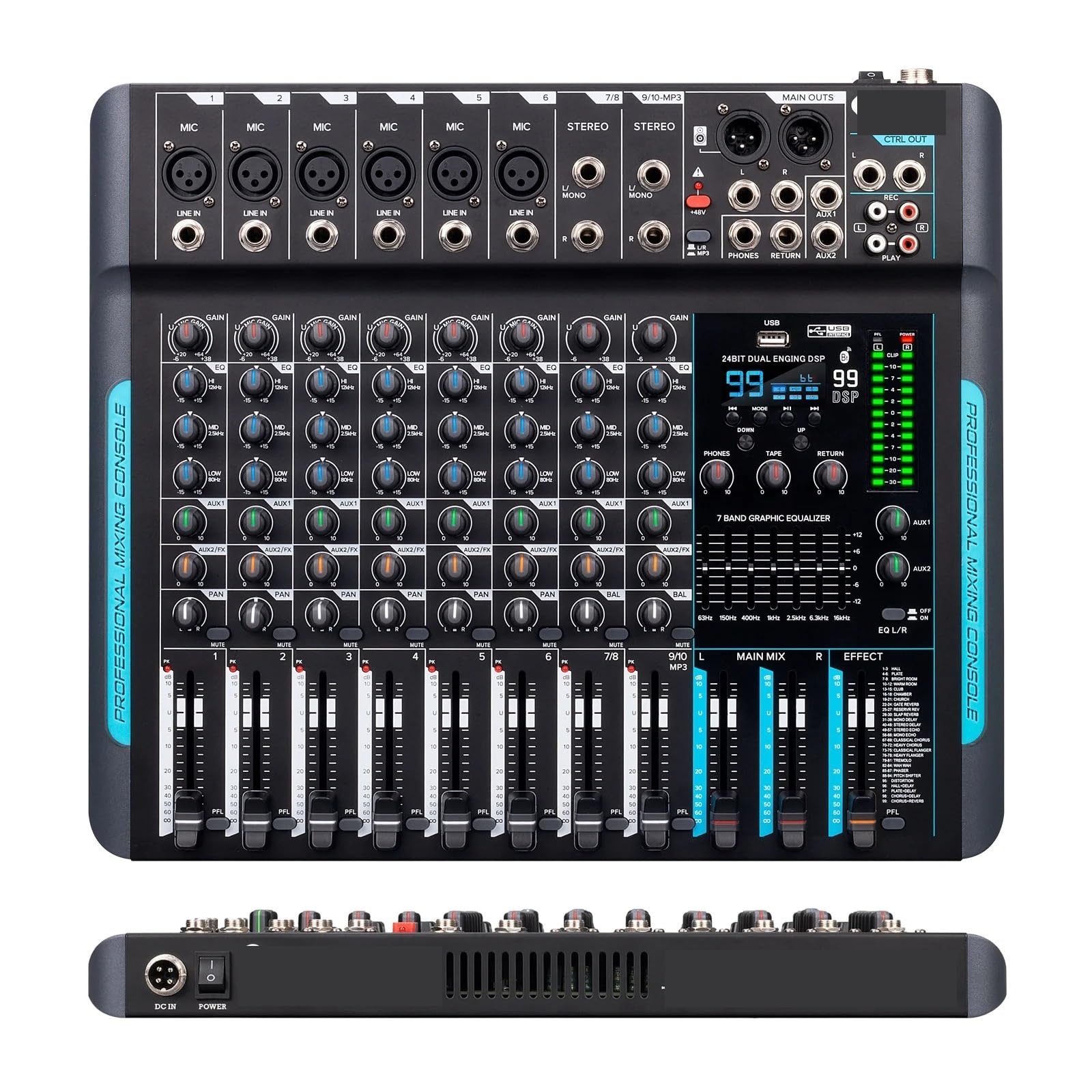 Mezclador de audio profesional DP-10, controlador DJ, mezclador de grabación de reverberación DSP 99 de 10 canales
