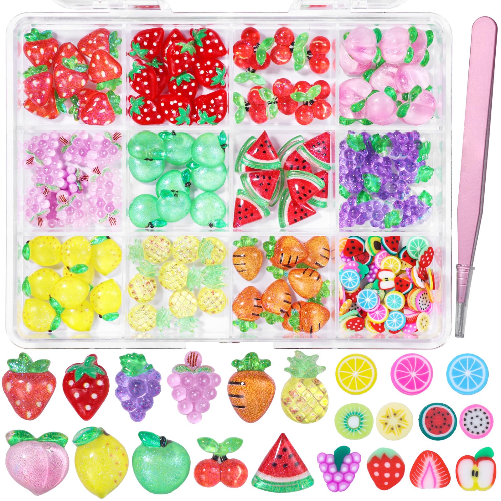 3D Fruit Cartoon Nail Charms, Assorted Grapes Peach Green Watermelon Lemon Cherry Strawberry Pineapple Carrot Fruits Nail Art Charms, Color Slices Nail Charms with Pickup Tool DIY Nails Decor