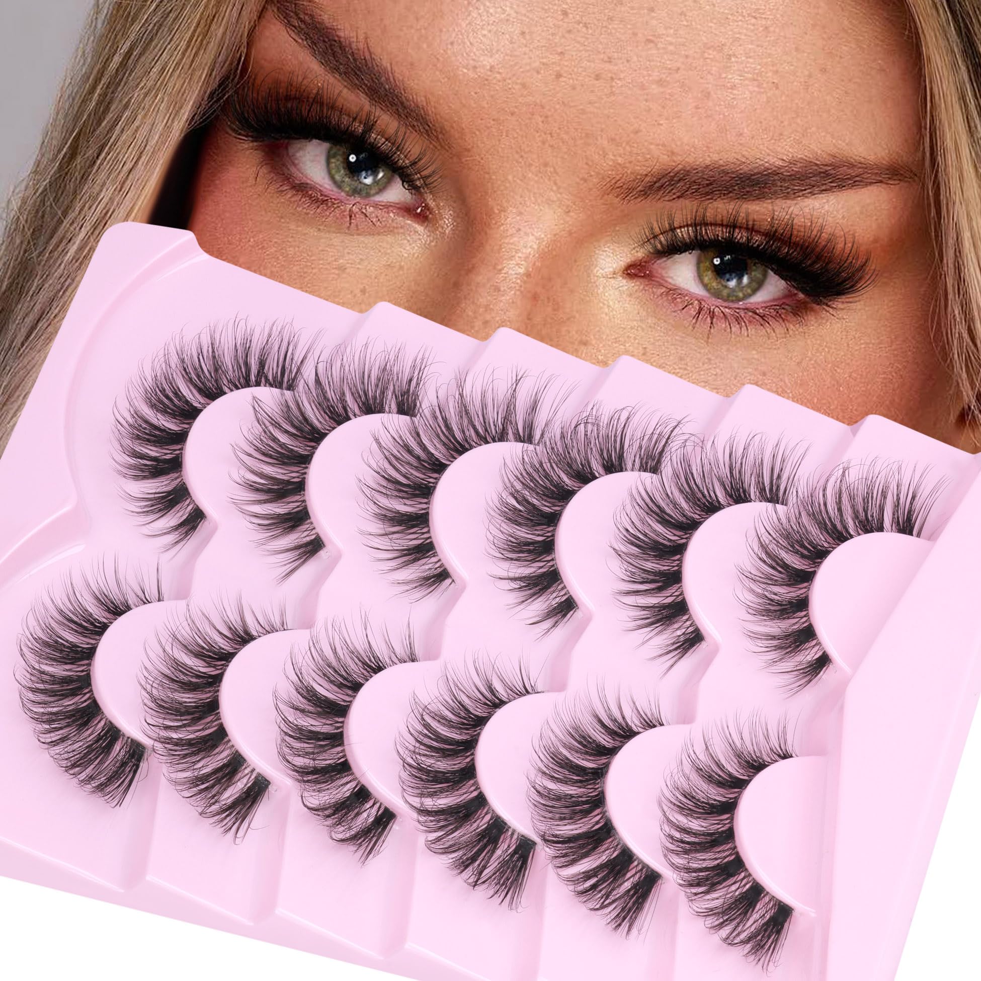Natural Lashes Wispy Cat Eye Lashes Fluffy False Eyelashes Faux Mink Strip Lashes 16mm Clear Band Fake Eyelash 3D Natural Look Lashes Pack 6 Pairs by ALPHONSE
