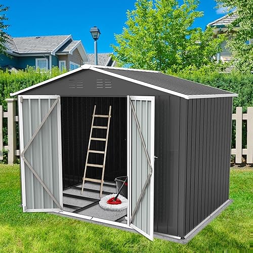 Cobertizo de almacenamiento para exteriores de 10 x 8 pies, cobertizos de metal para todo tipo de clima con base de metal y puertas con cerradura,