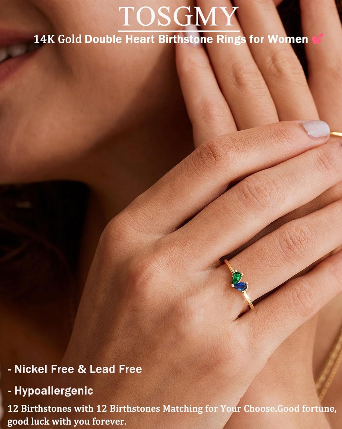 Gold Birthstone Rings for Women Non Tarnish Stackable Ring Dainty 14K Gold Plated Heart CZ Emerald Gemstone Ring Wedding Engagement Promise Ring for Her Birthday Personalized Jewelry Gifts for Mom - Image 2